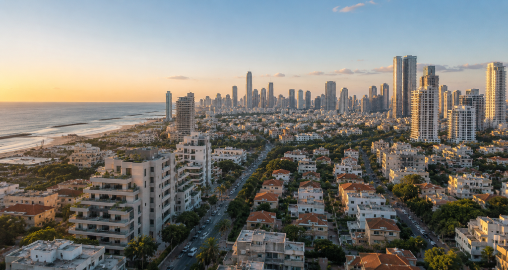 צילום אווירי של שכונות בתים צמודי קרקע עם גגות אדומים בנווה אביבים וברמת אביב, עם קו הרקיע של תל אביב והים בשעת שקיעה