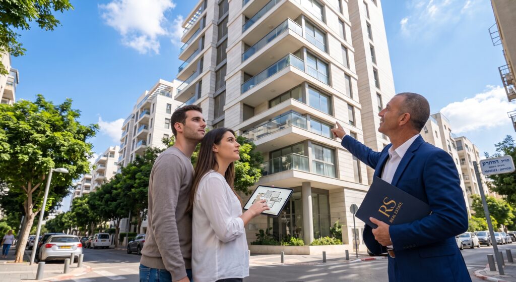 מתווך RS מציג בניין דירות חדש לזוג צעיר ברחוב מוצל בנווה אביבים, עם תוכנית דירה על מסך טאבלט