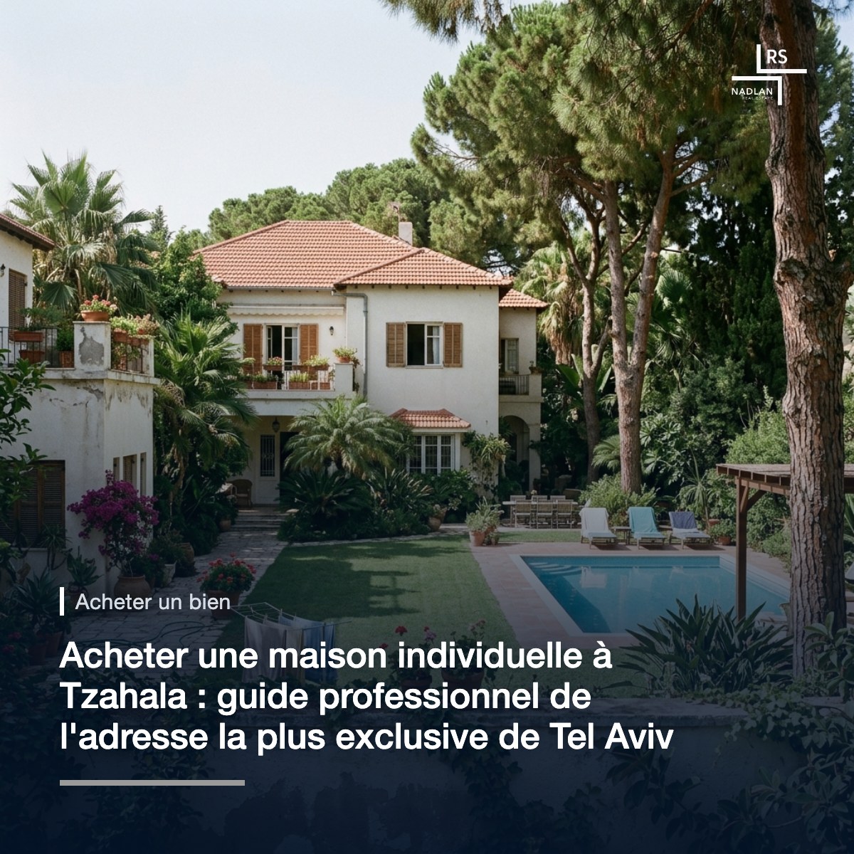 Une maison individuelle à Tzahala, Tel Aviv : toit de tuiles rouges, grand jardin avec de vieux pins, une piscine
