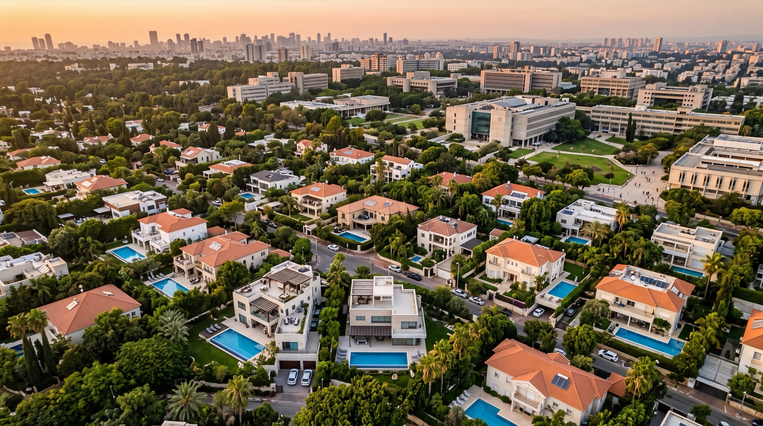משרד תיווך באפקה: מבט מלמעלה על הווילות, הבריכות וגגות הרעפים של השכונה (הדמיה)