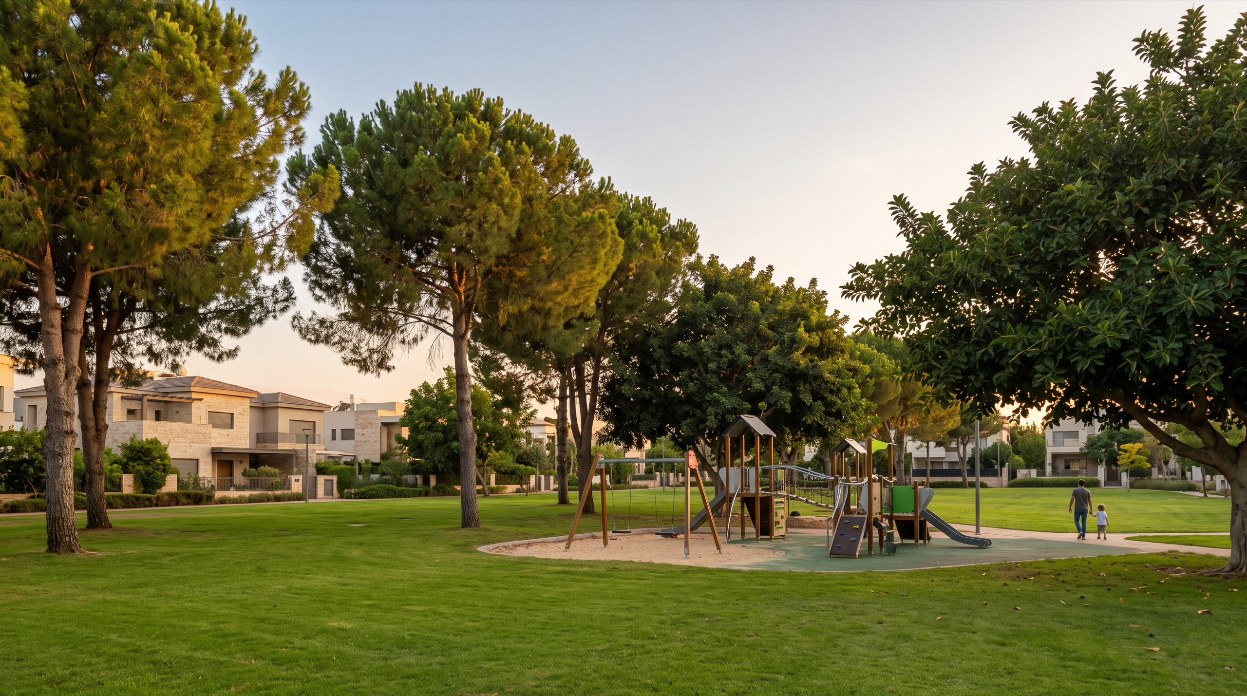 גן שכונתי באפקה עם כרי דשא רחבים ומתקני משחק ליד הווילות (הדמיה)