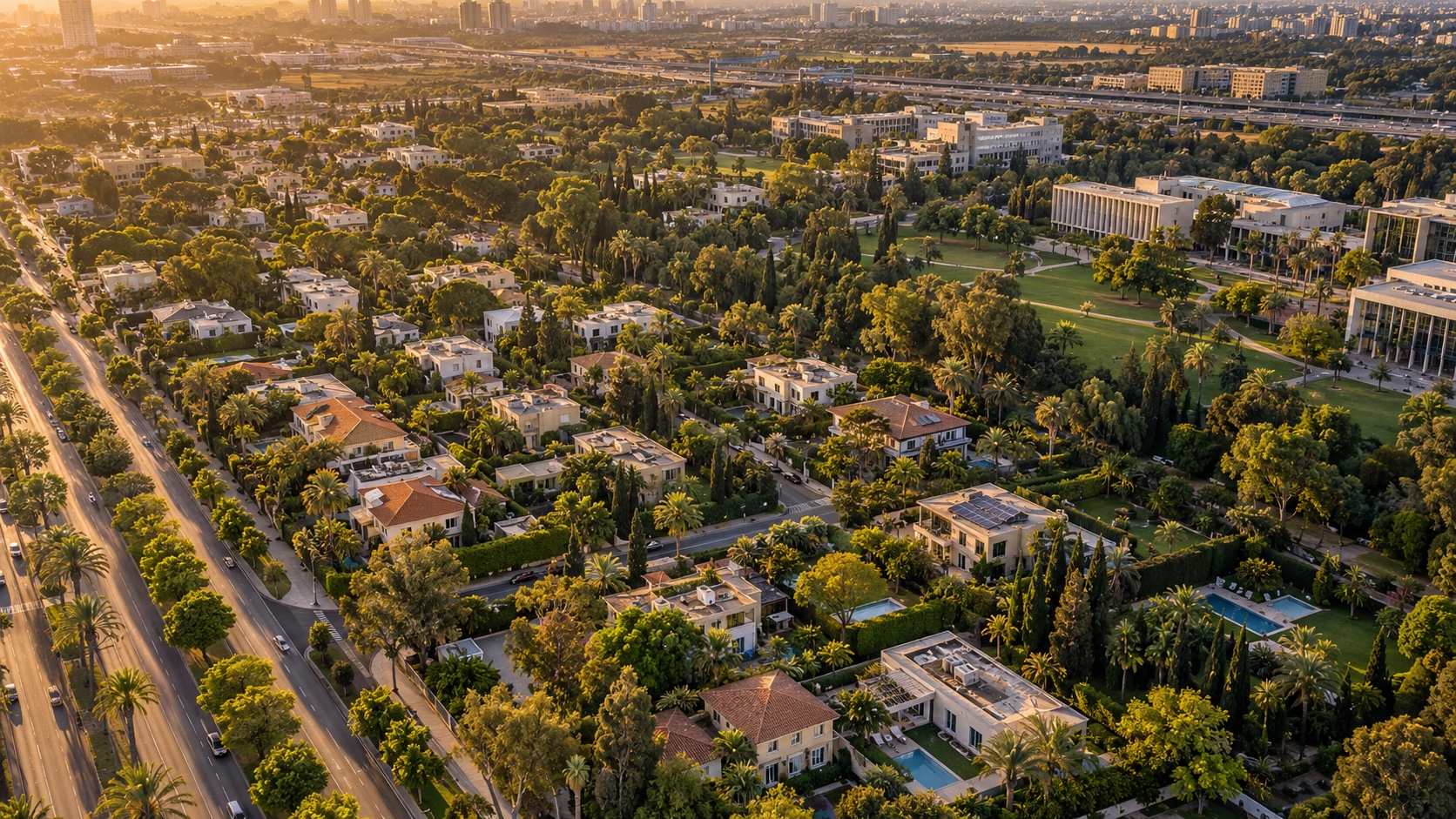 משרד תיווך באפקה דרום: מבט מלמעלה על הווילות והגינות בין שדרות קק״ל לקמפוס אוניברסיטת תל אביב (הדמיה)