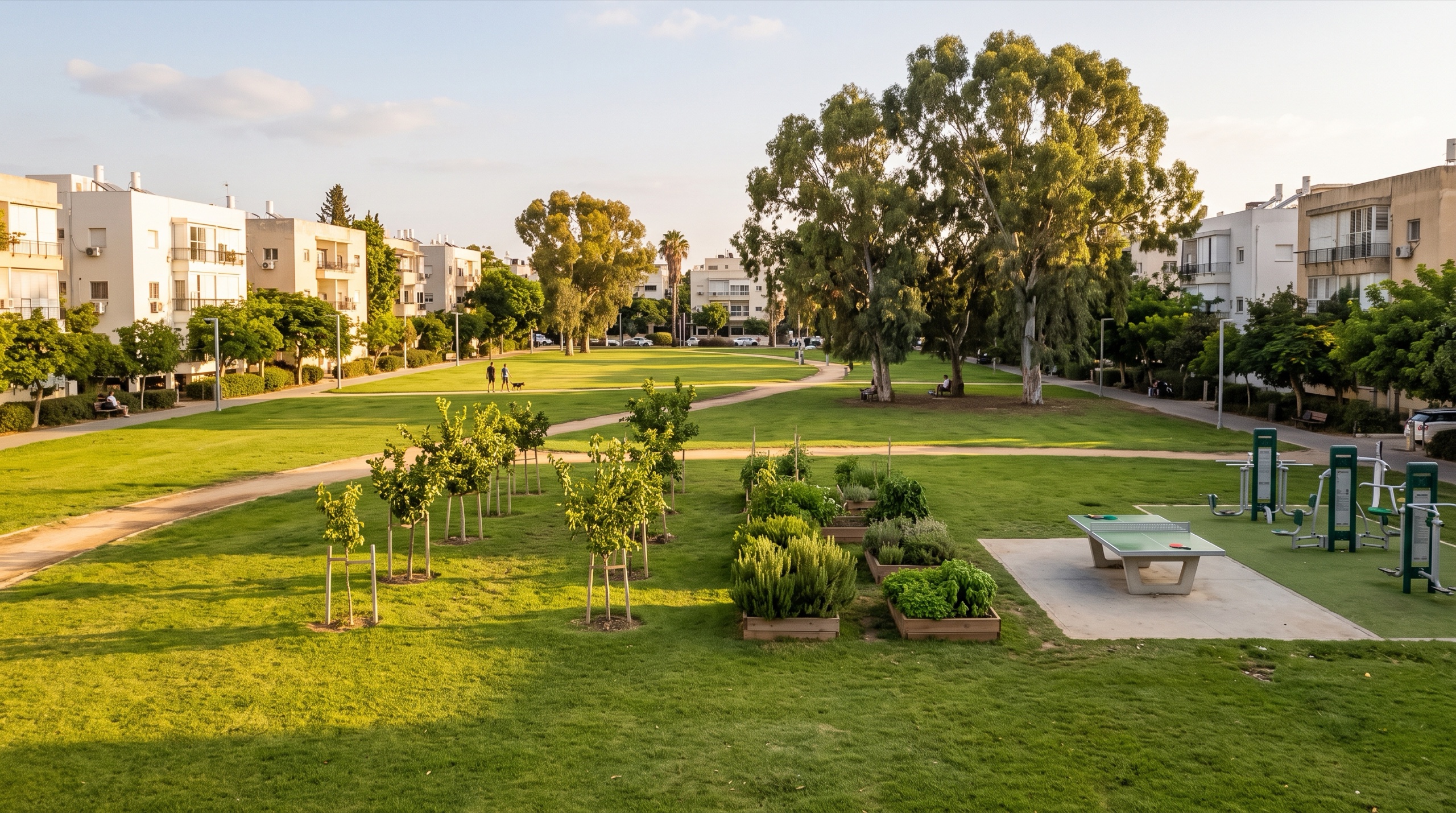 גן קרטר באפקה דרום, מדשאות ובוסתן עצי פרי ליד הבתים הנמוכים של השכונה (הדמיה)