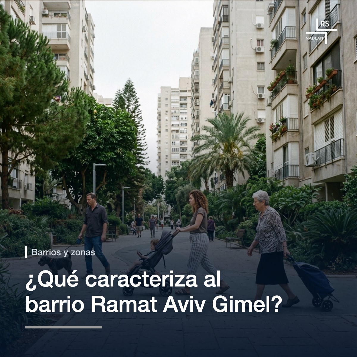 Residentes en un amplio sendero verde entre torres residenciales de Ramat Aviv Gimel una mañana entre semana: un hombre paseando a un perro