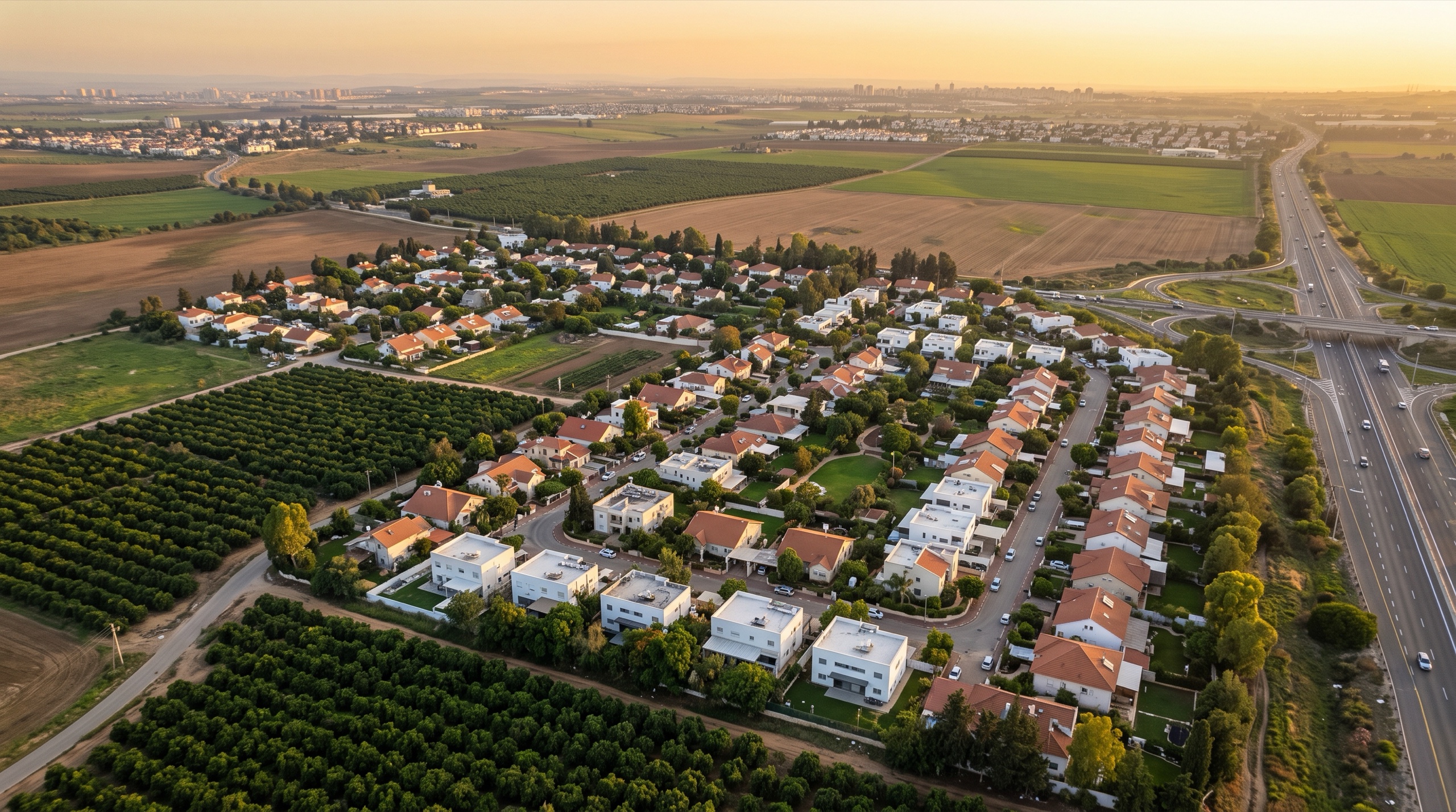 משרד תיווך בבצרה: מבט מלמעלה על הבתים הפרטיים של המושב בין הפרדסים והשדות (הדמיה)