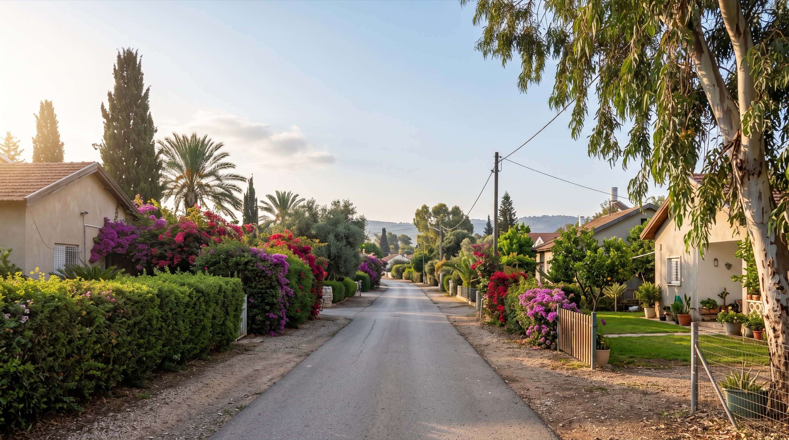 נדל״ן בבצרה: רחוב כפרי שקט עם בתים פרטיים ועצים בוגרים (הדמיה)