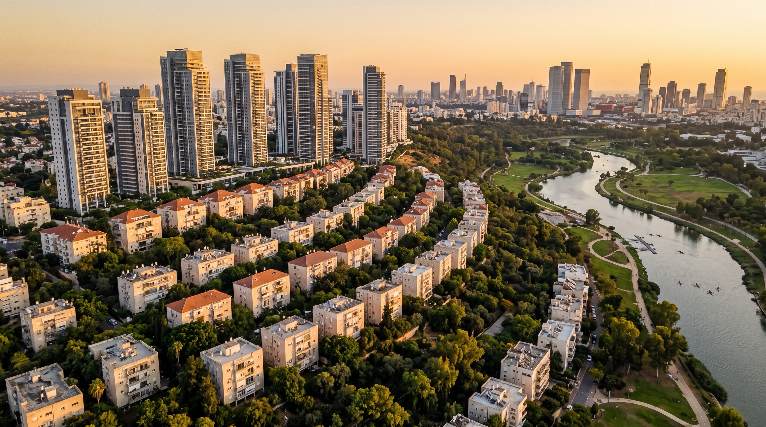 משרד תיווך בבבלי: מבט מלמעלה על הבניינים הוותיקים ומגדלי המגורים של השכונה ליד פארק הירקון (הדמיה)