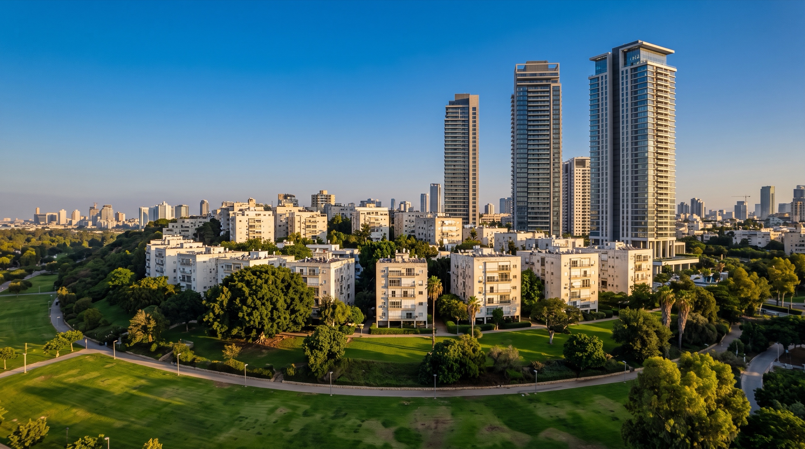 בנייני מגורים ותיקים ומגדלים חדשים ליד פארק הירקון בבבלי, צפון תל אביב (הדמיה)