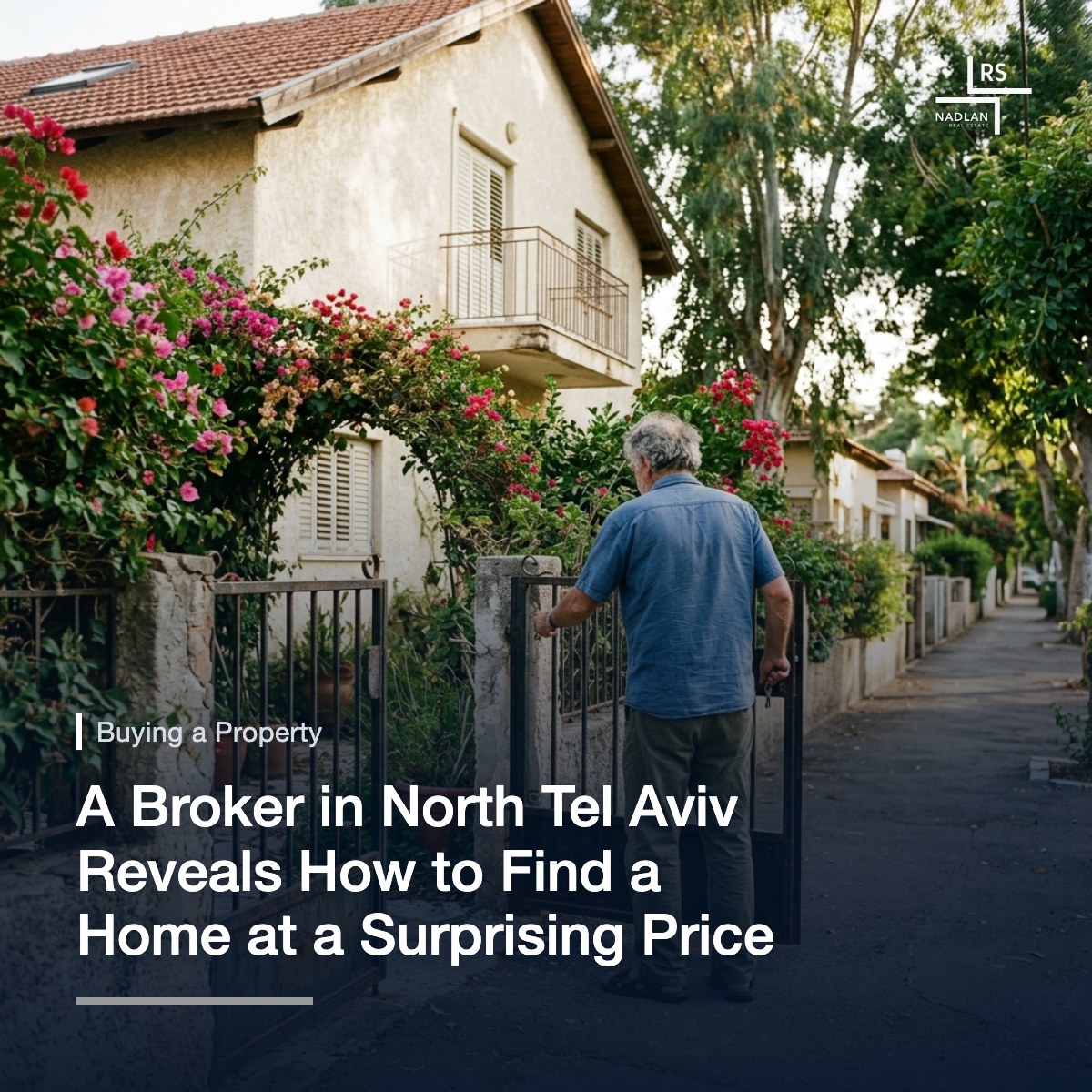 A man seen from behind opening the metal gate of a private two story house with a garden and bougainvillea on a quiet street in North Tel Aviv