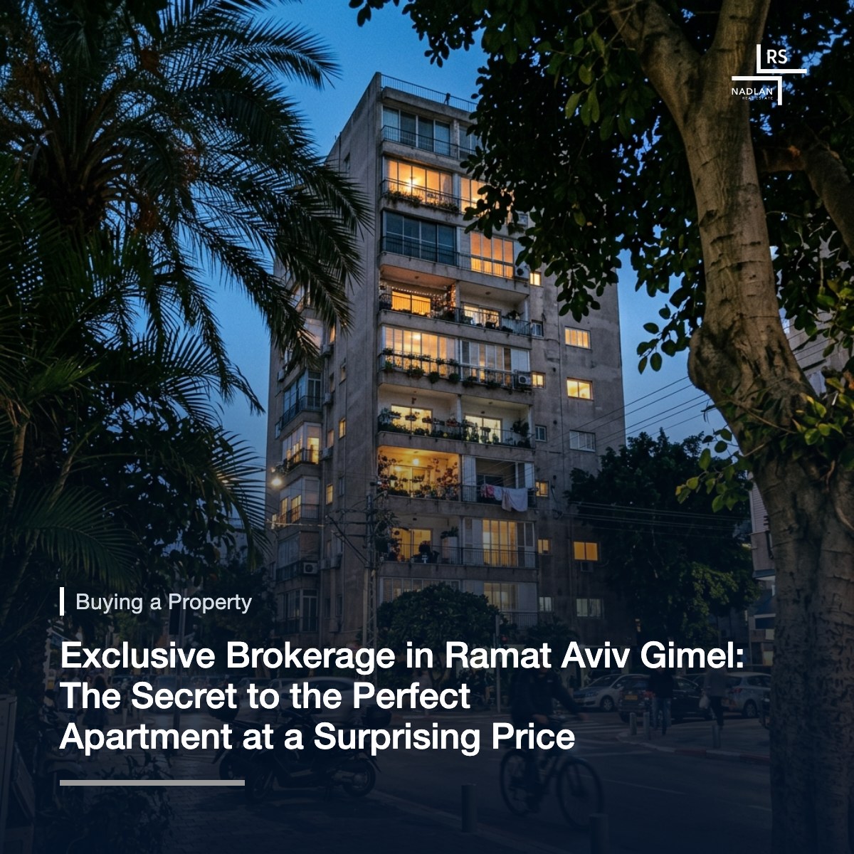 Blue hour exterior of a residential tower in Ramat Aviv Gimel seen from street level through tall trees