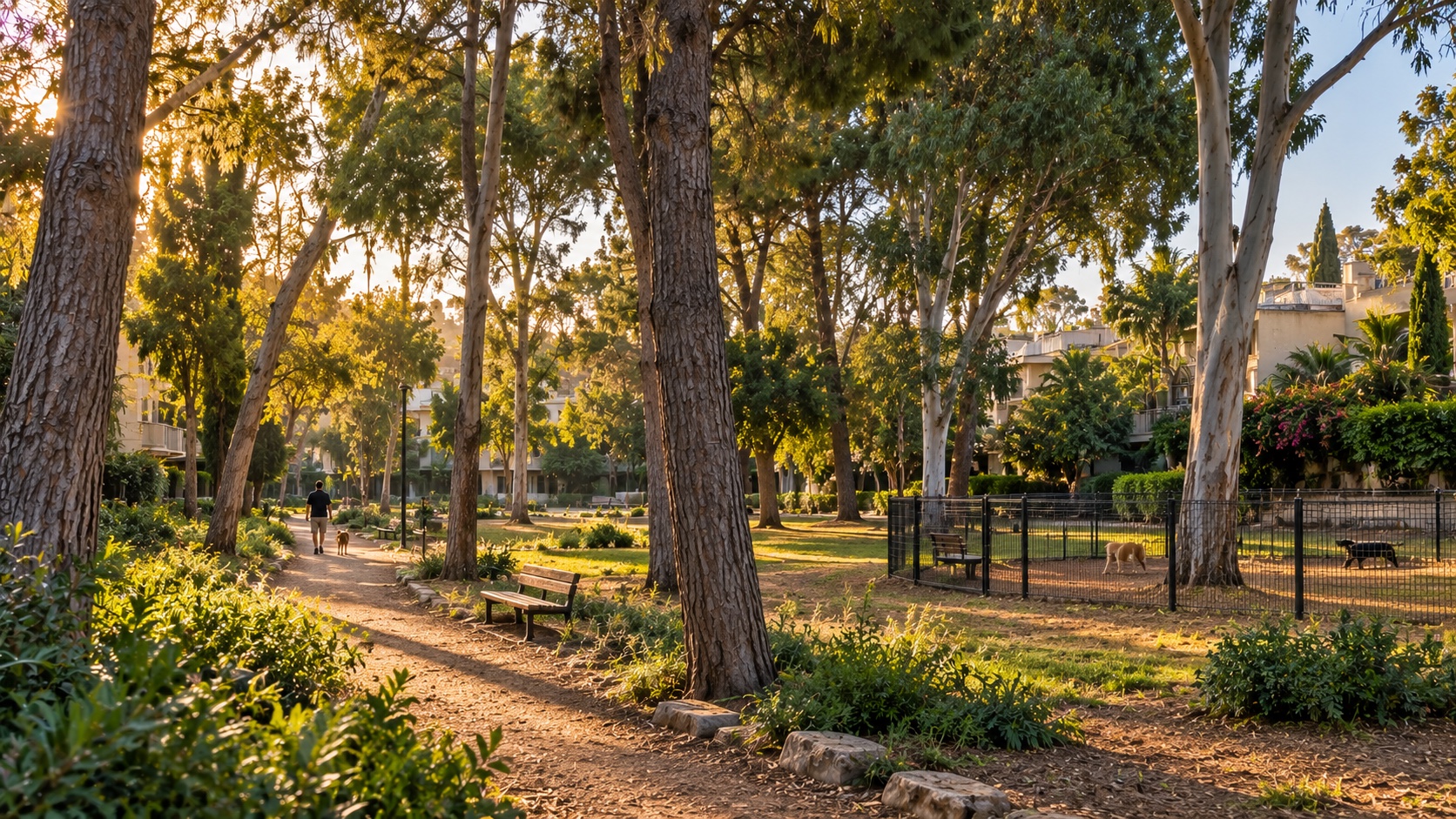 חורשת אבוקה בגני צהלה, עצים גבוהים ושבילים בין הבתים הנמוכים (הדמיה)