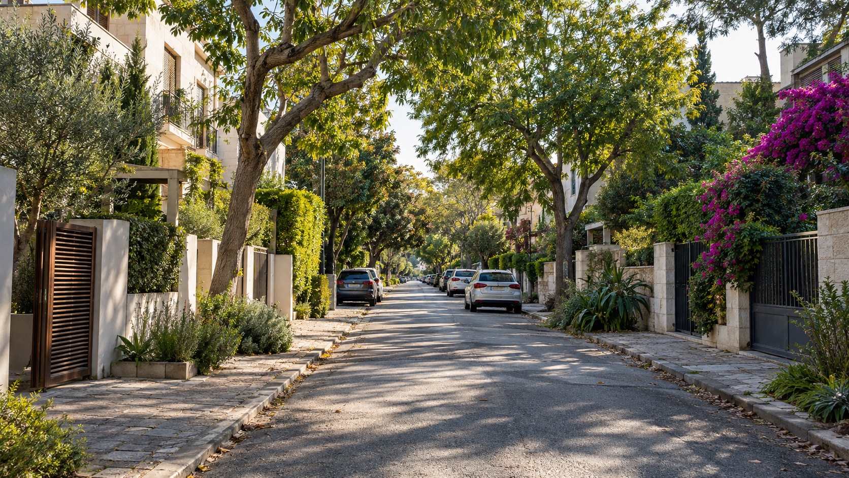 דירות למכירה בגני צהלה: רחוב מגורים שקט עם בתים נמוכים, גדרות חיות ועצים מוצלים (הדמיה)