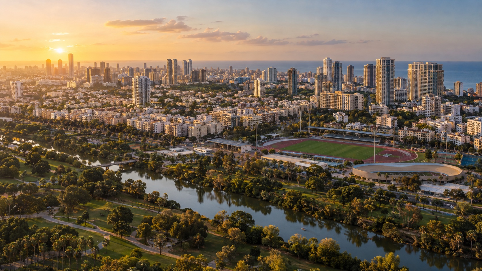 משרד תיווך בהדר יוסף: מבט מלמעלה על הבניינים הוותיקים והמגדלים החדשים של השכונה לצד פארק הירקון (הדמיה)