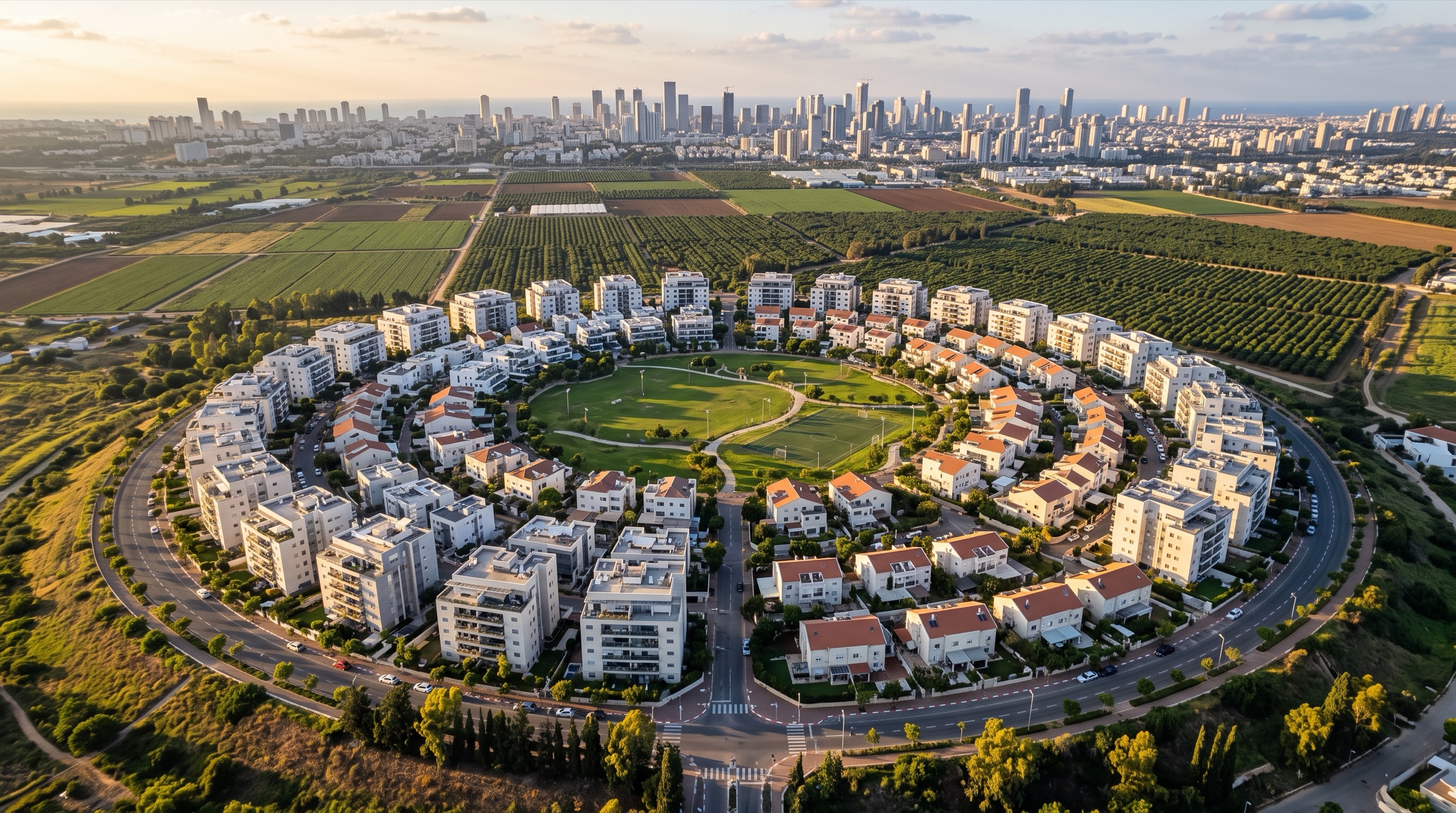 משרד תיווך במשתלה: מבט מלמעלה על בנייני המגורים של השכונה העגולה על הגבעה (הדמיה)