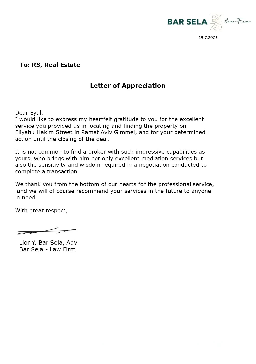 Recommendation letter from Lior Y. Bar Sela, Adv., about RS Nadlan after a property search in Ramat Aviv Gimel