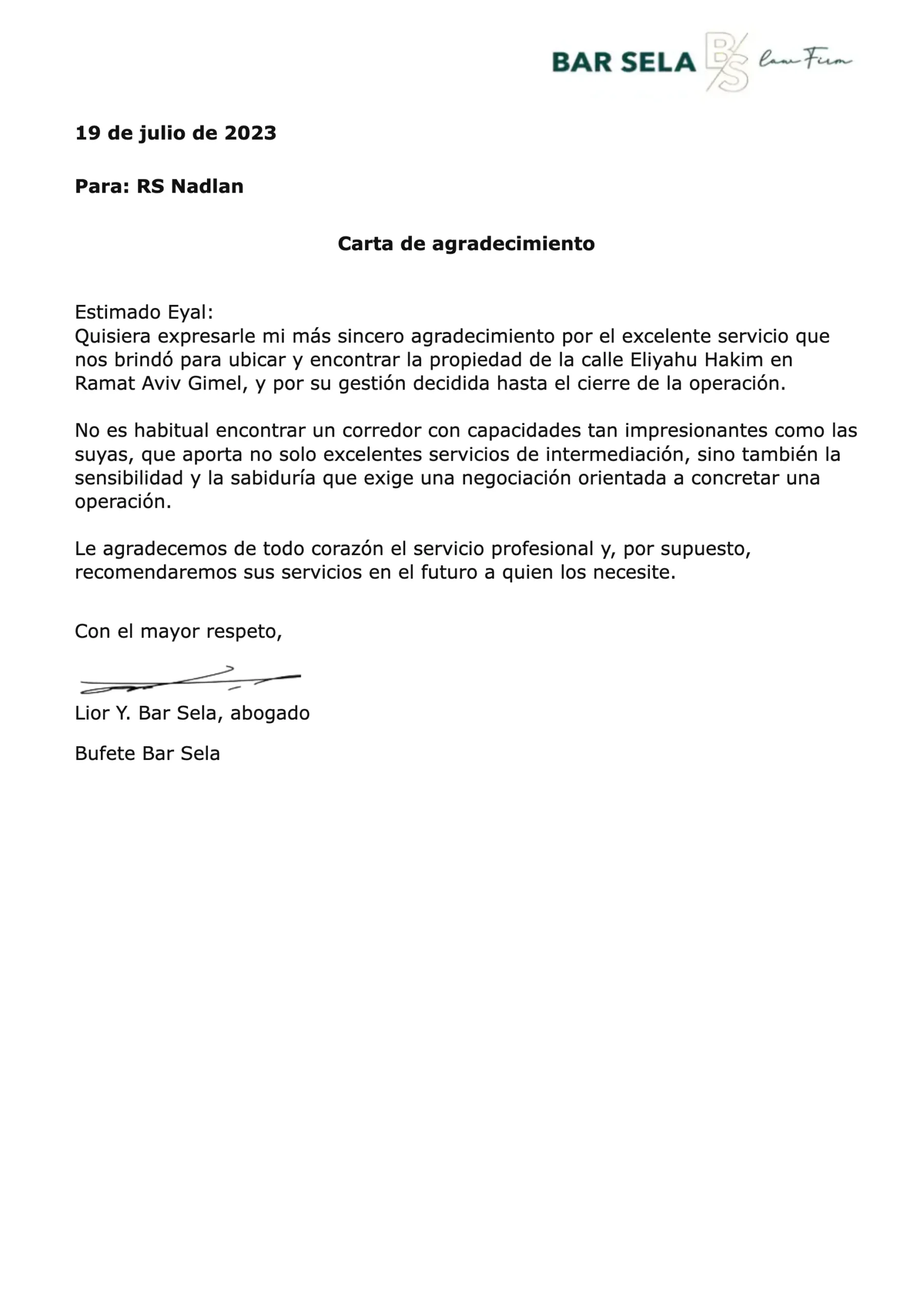 Carta de recomendación de Lior Bar Sela, bufete Bar Sela para RS Nadlan