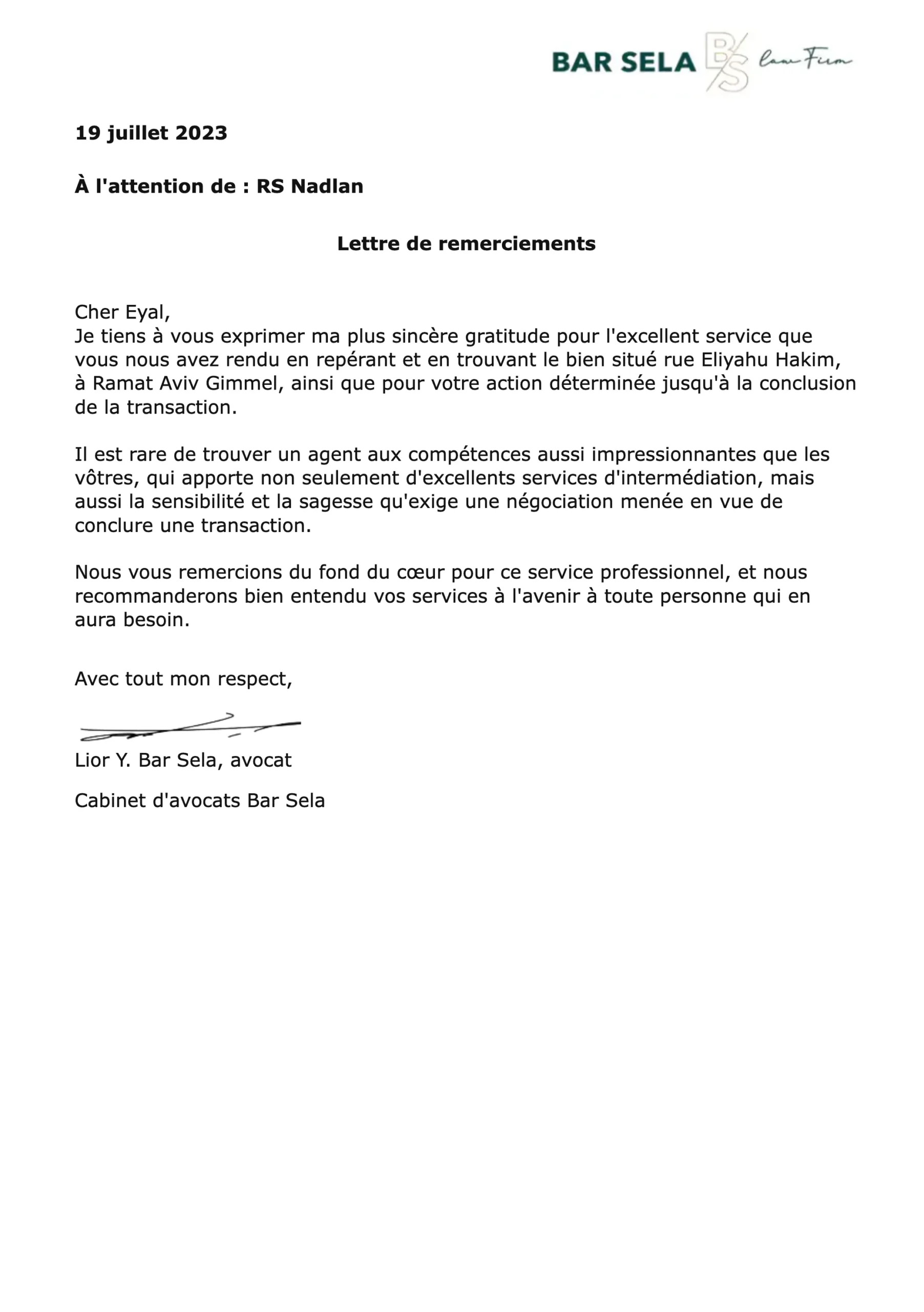 Lettre de recommandation de Lior Bar Sela, cabinet d'avocats Bar Sela pour RS Nadlan
