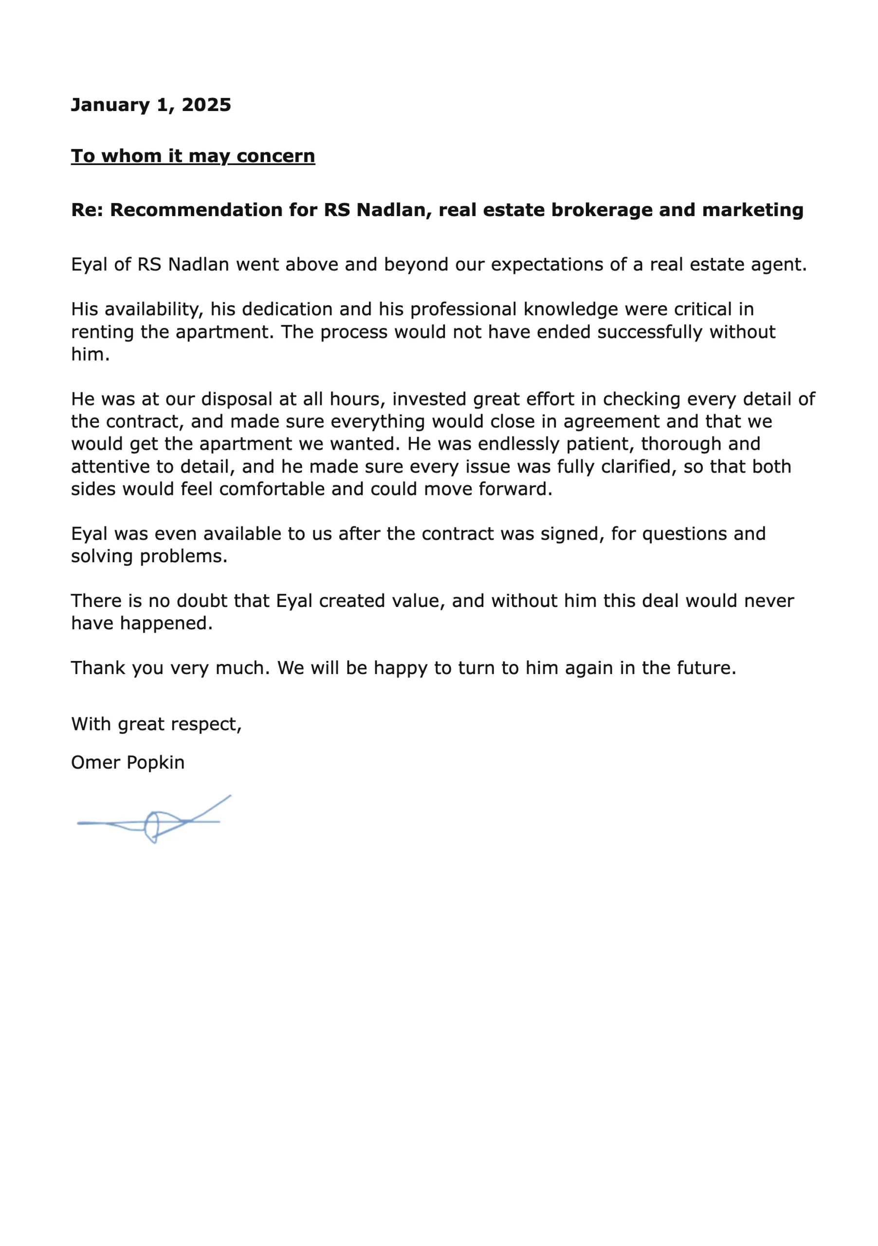 Recommendation letter from Omer Popkin about RS Nadlan