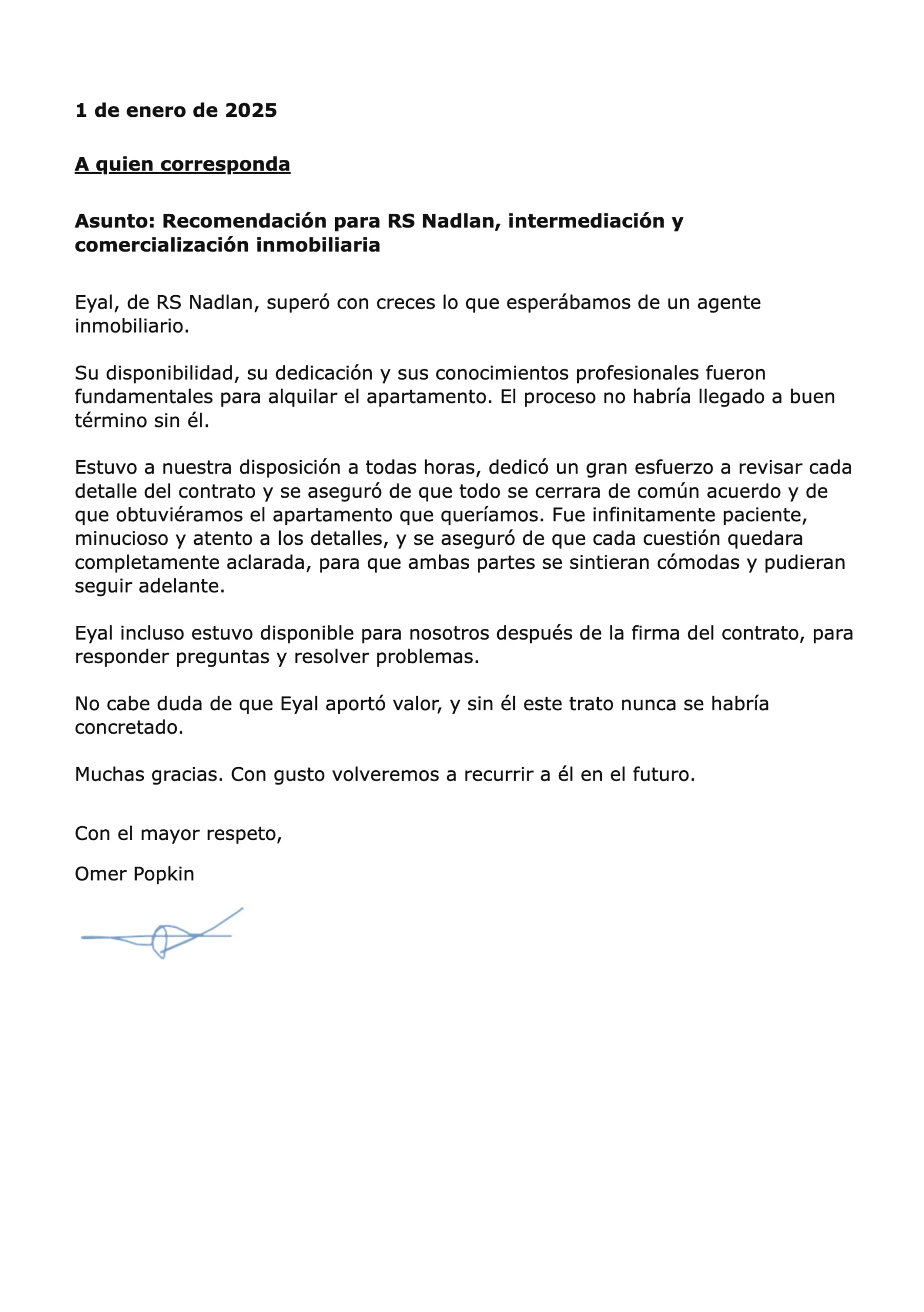 Carta de recomendación de Omer Popkin para RS Nadlan