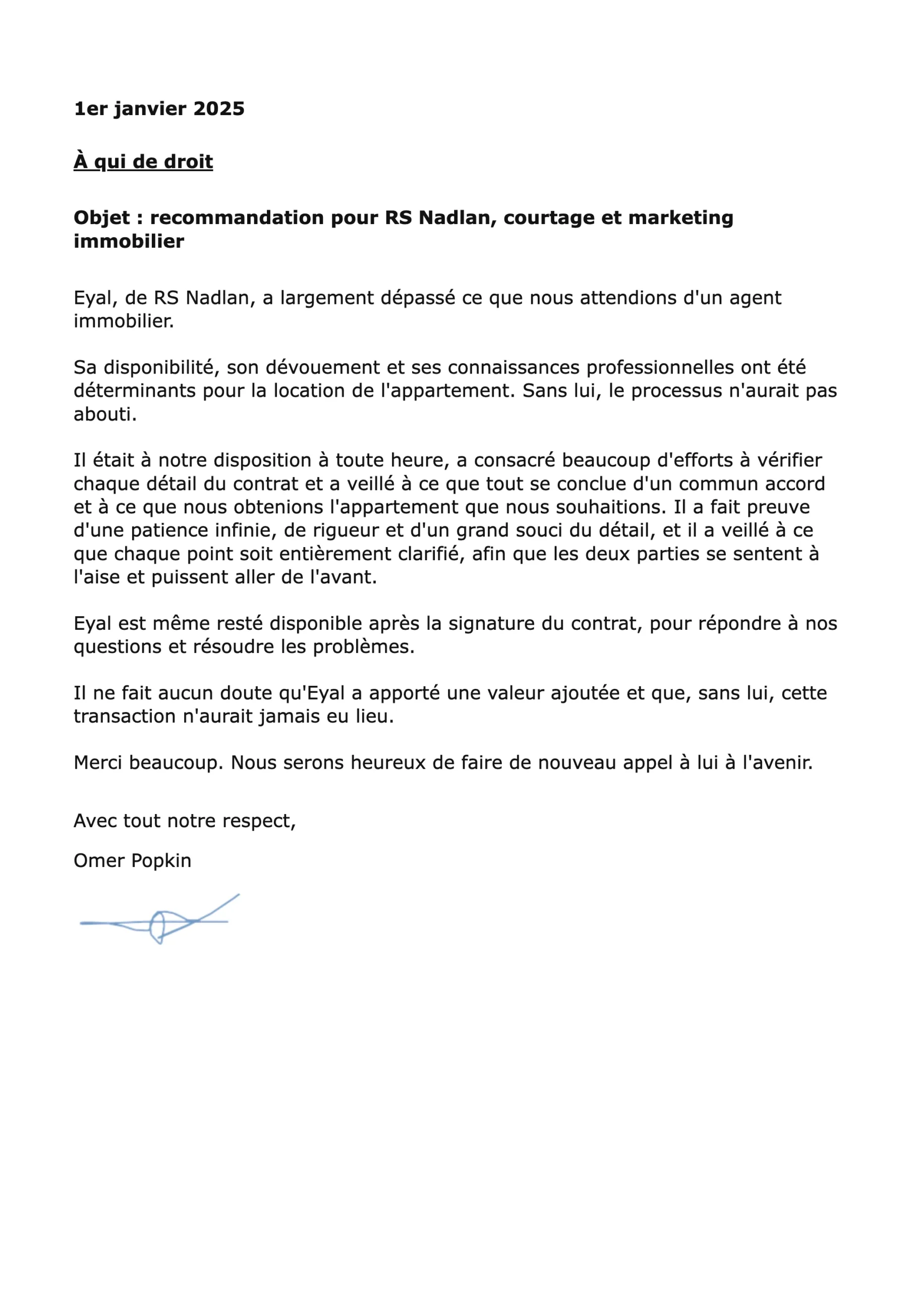 Lettre de recommandation de Omer Popkin pour RS Nadlan