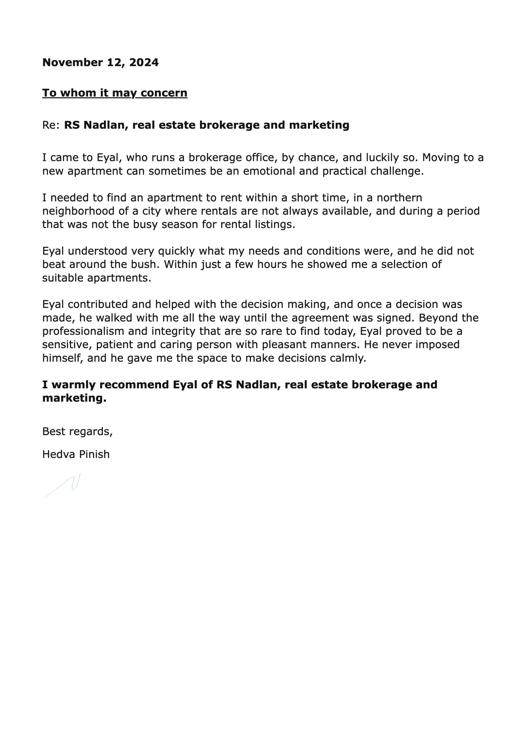 Recommendation letter from Hedva Pinish about RS Nadlan