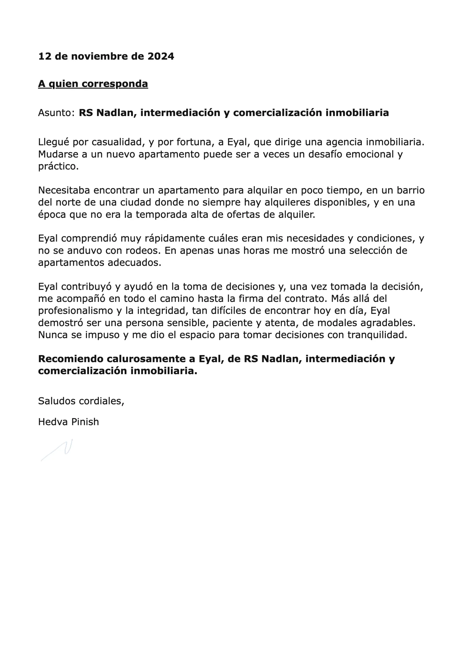 Carta de recomendación de Hedva Pinish para RS Nadlan