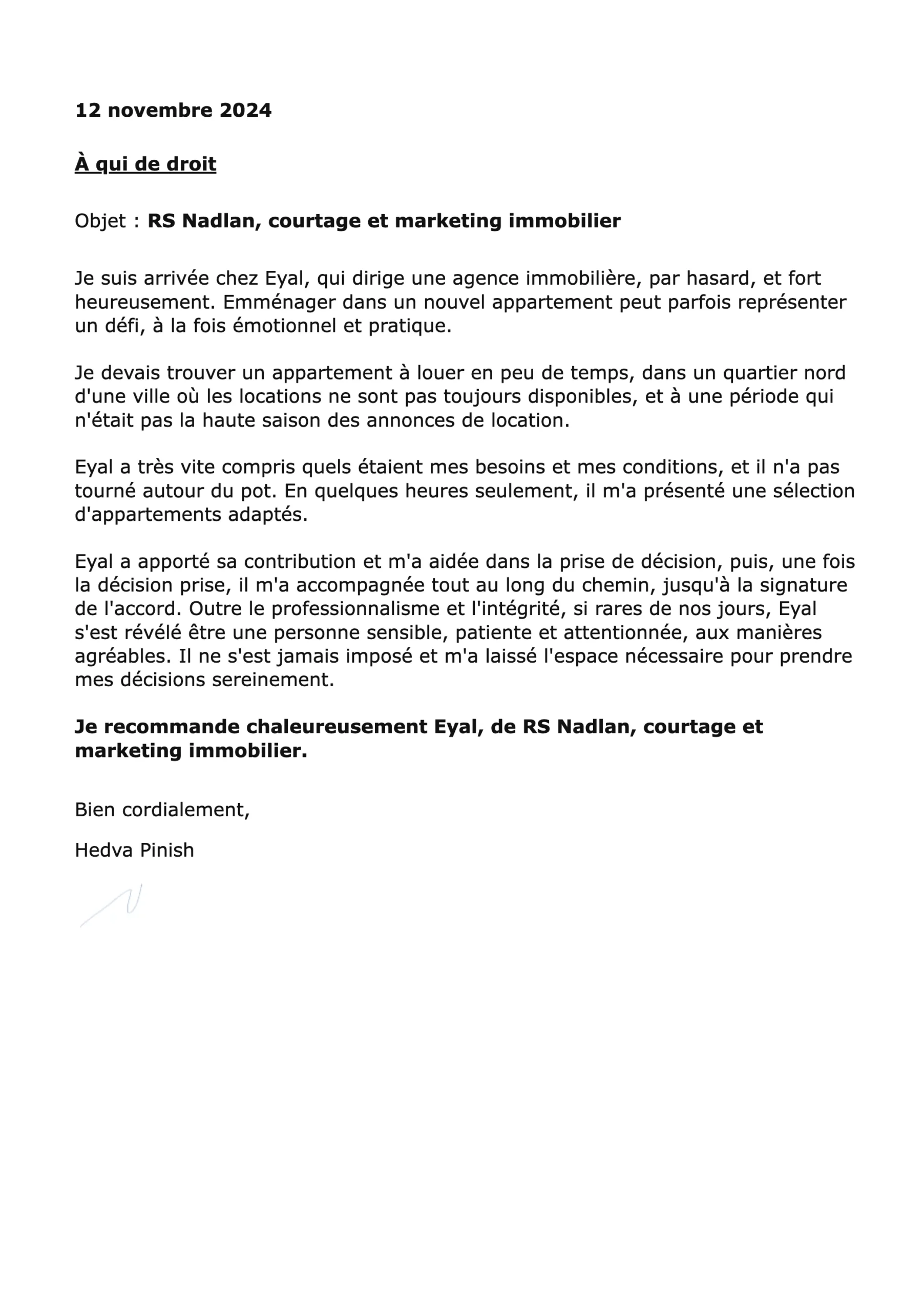 Lettre de recommandation de Hedva Pinish pour RS Nadlan