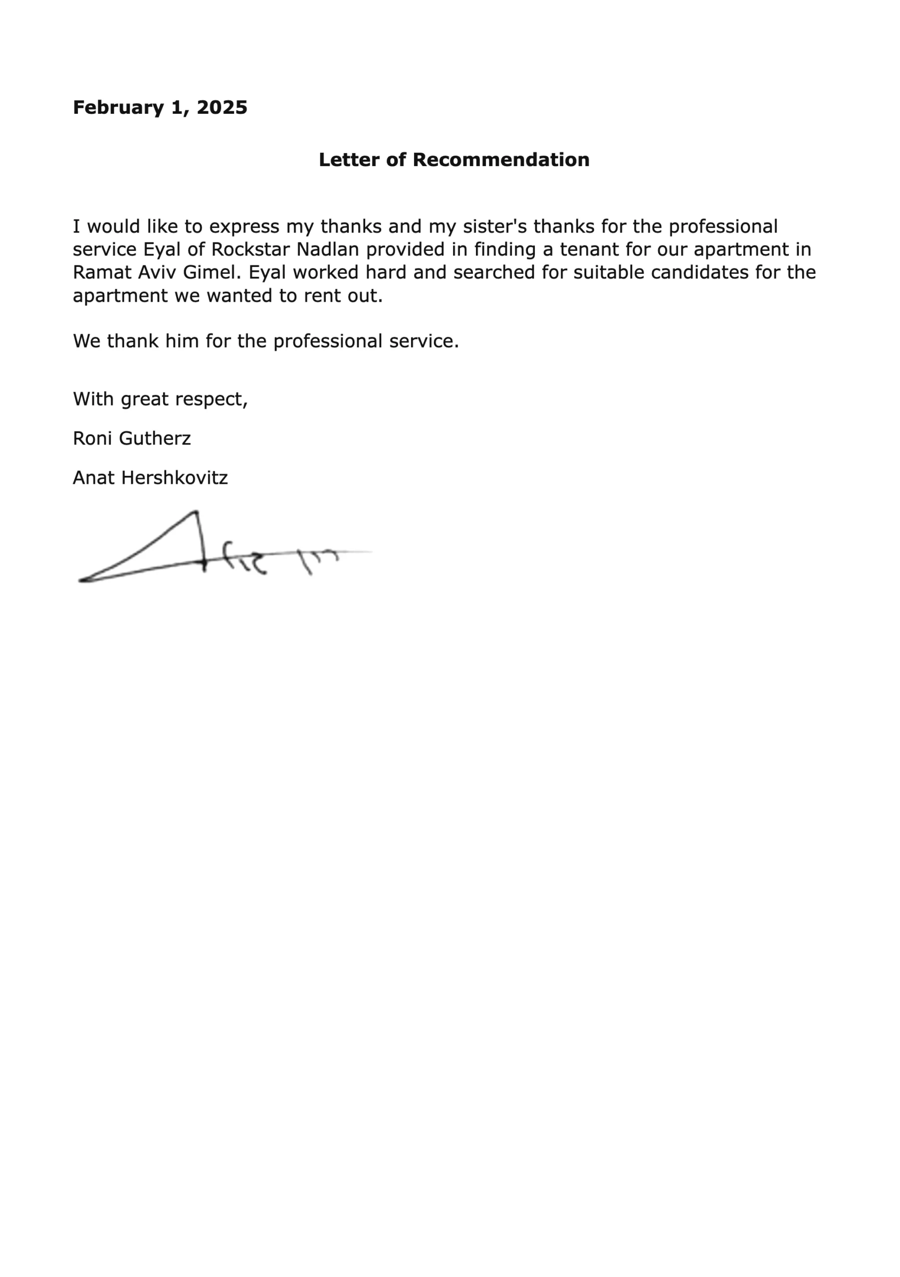 Recommendation letter from Roni Gutherz and Anat Hershkovitz about RS Nadlan after renting out an apartment in Ramat Aviv Gimel
