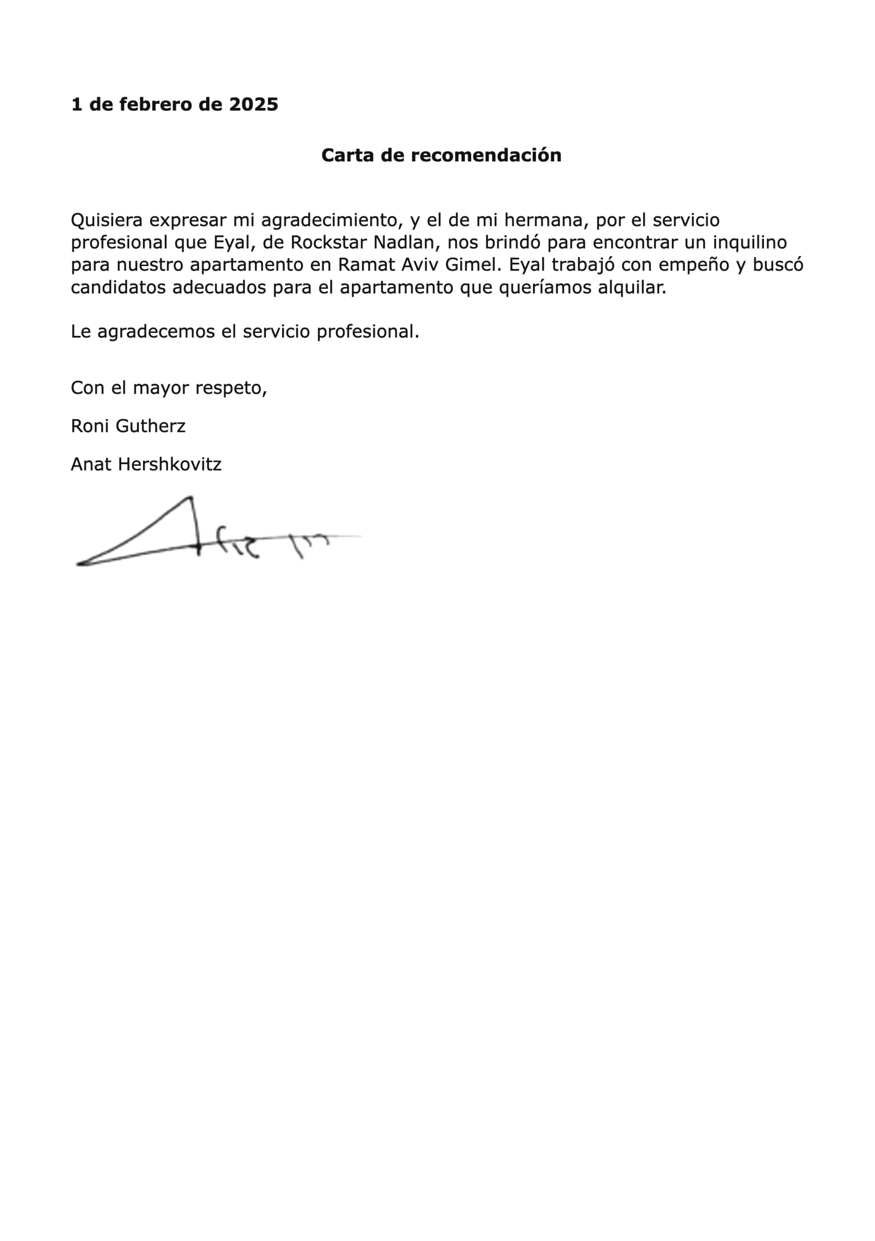 Carta de recomendación de Roni Gutherz y Anat Hershkovitz para RS Nadlan