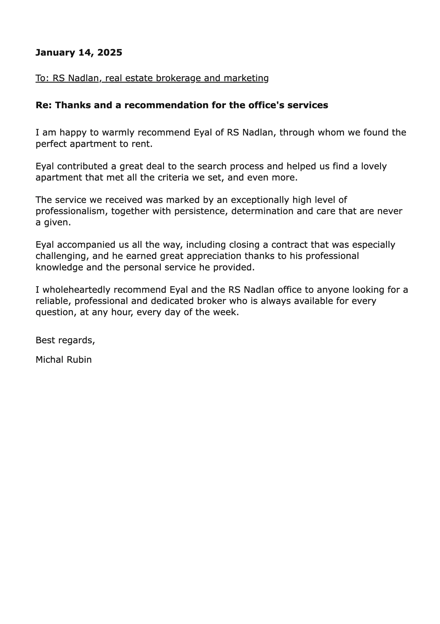 Recommendation letter from Michal Rubin about RS Nadlan