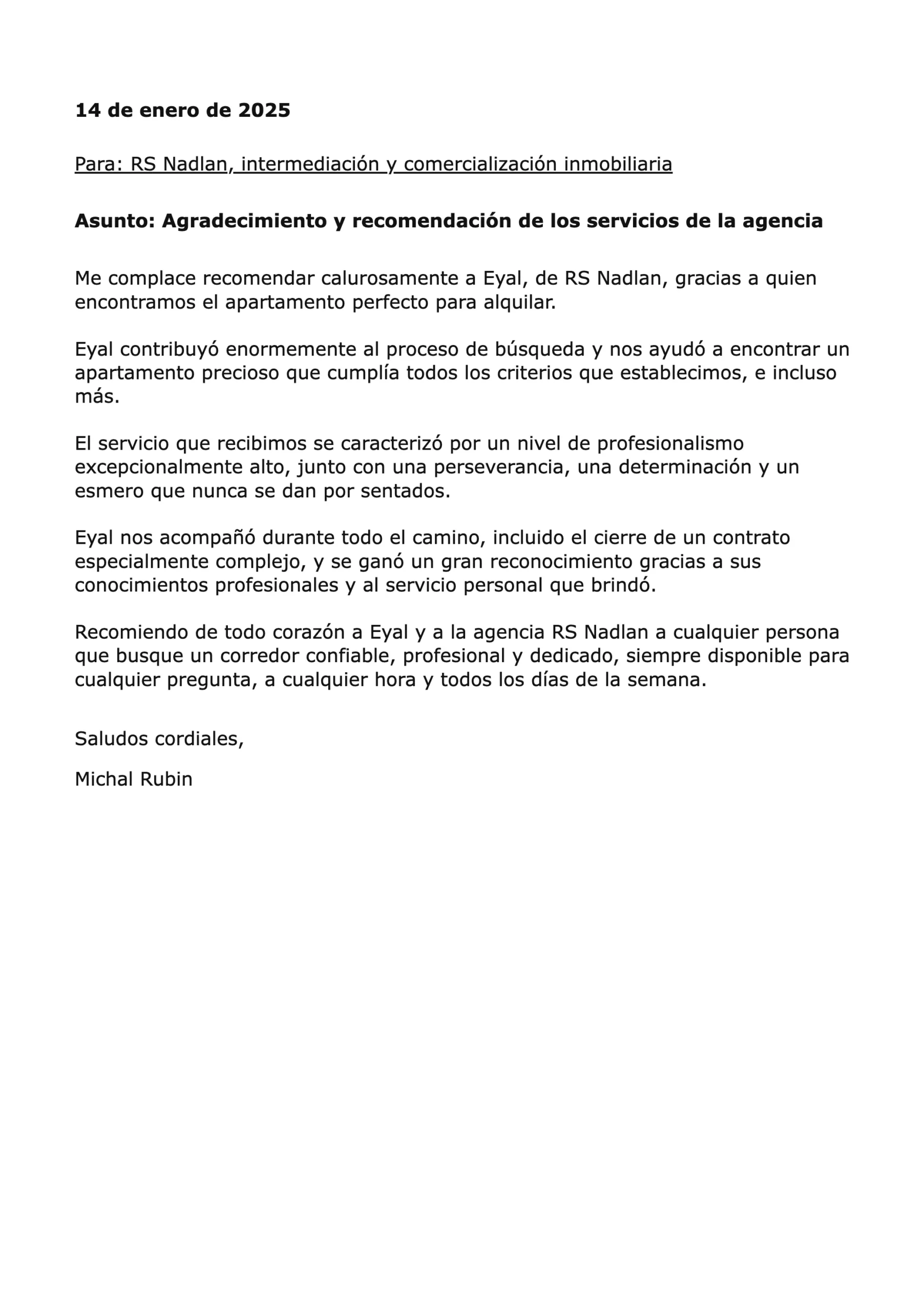 Carta de recomendación de Michal Rubin para RS Nadlan