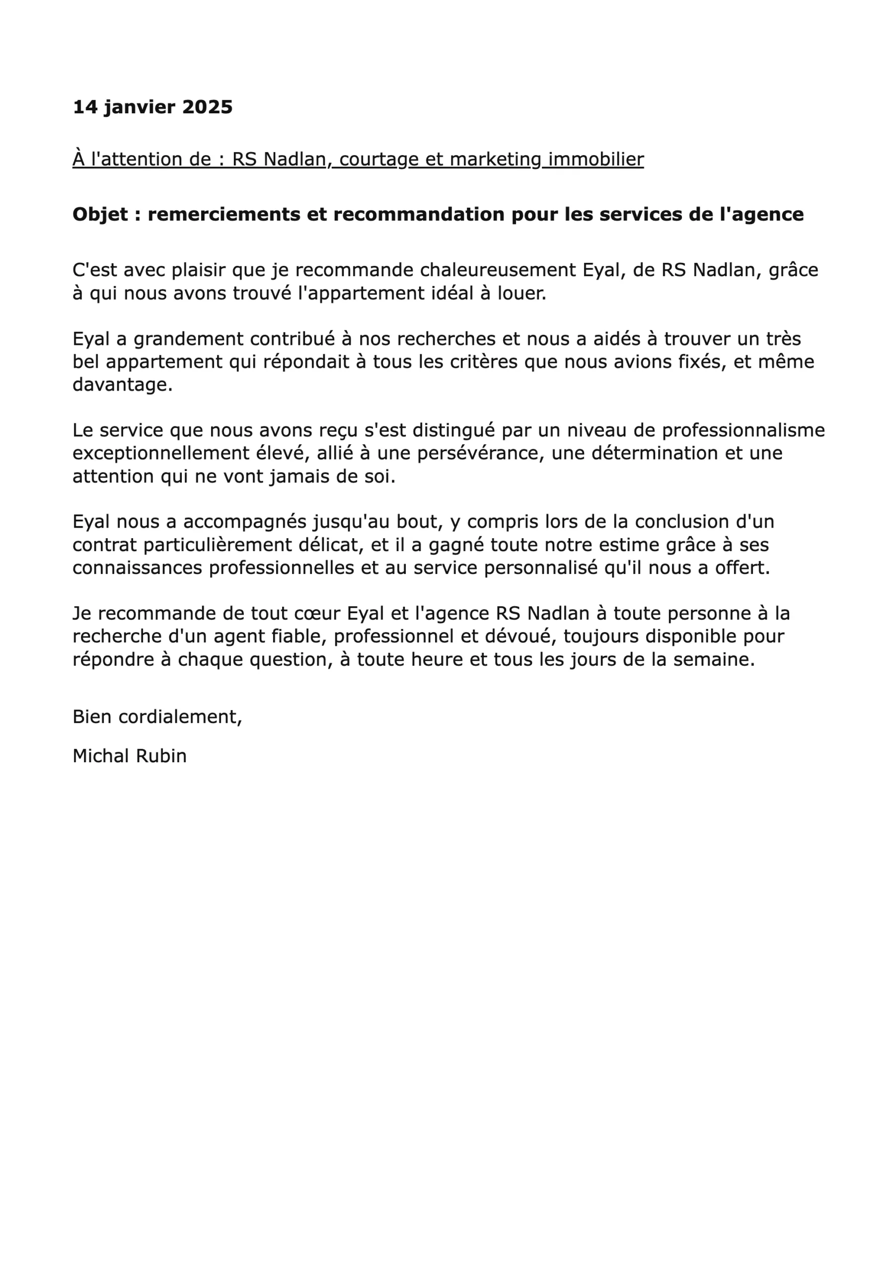 Lettre de recommandation de Michal Rubin pour RS Nadlan