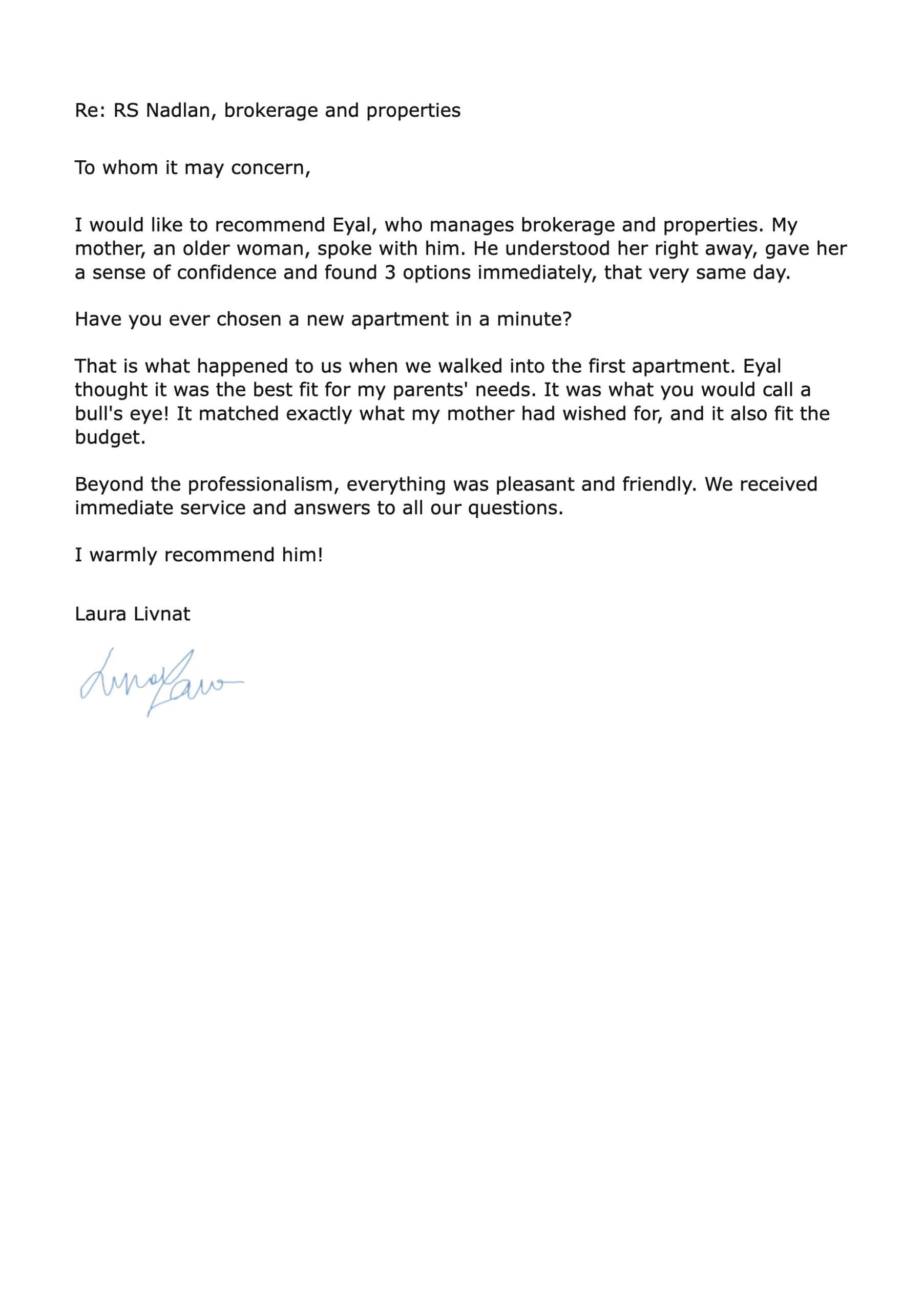 Recommendation letter from Laura Livnat about RS Nadlan