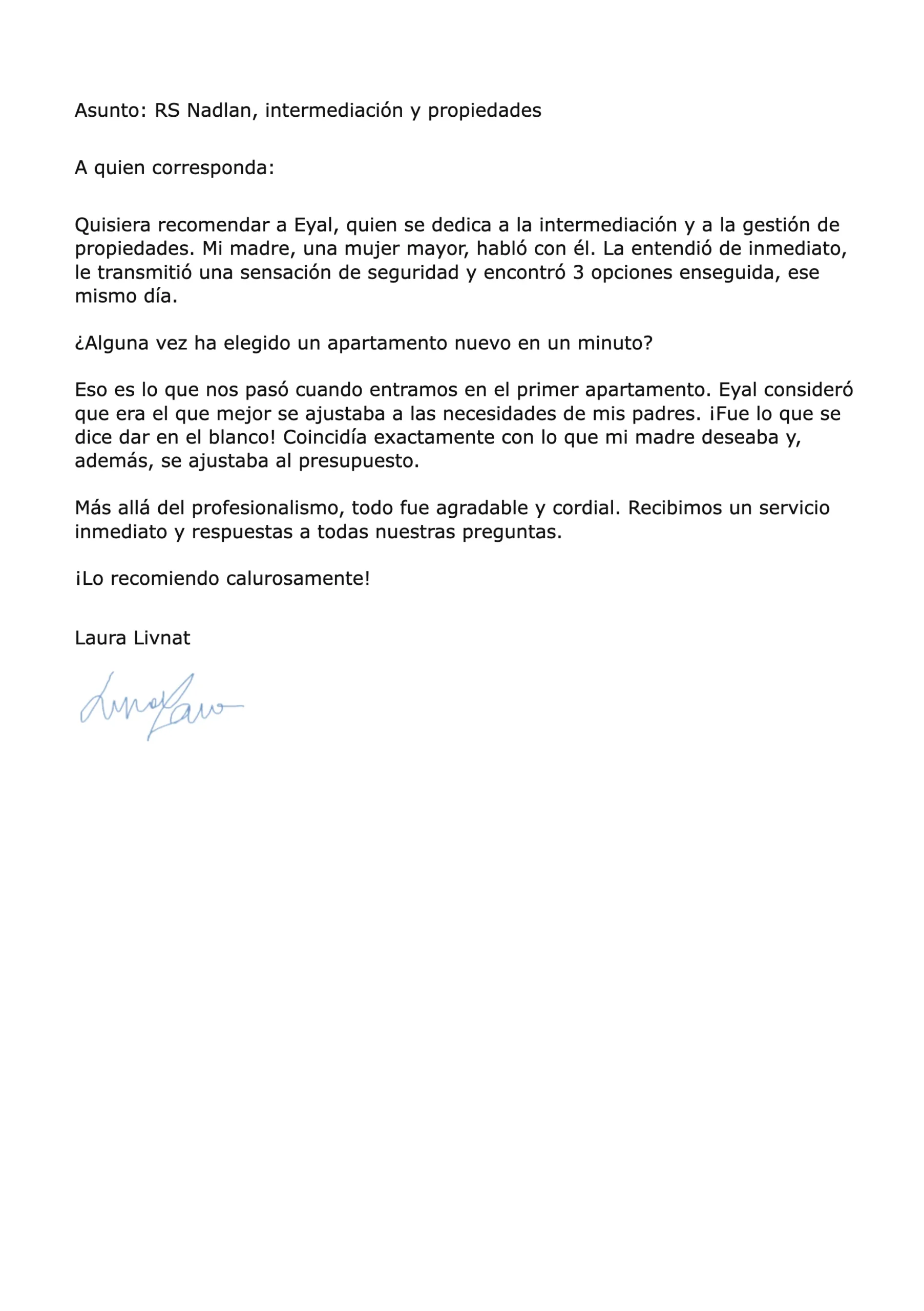 Carta de recomendación de Laura Livnat para RS Nadlan