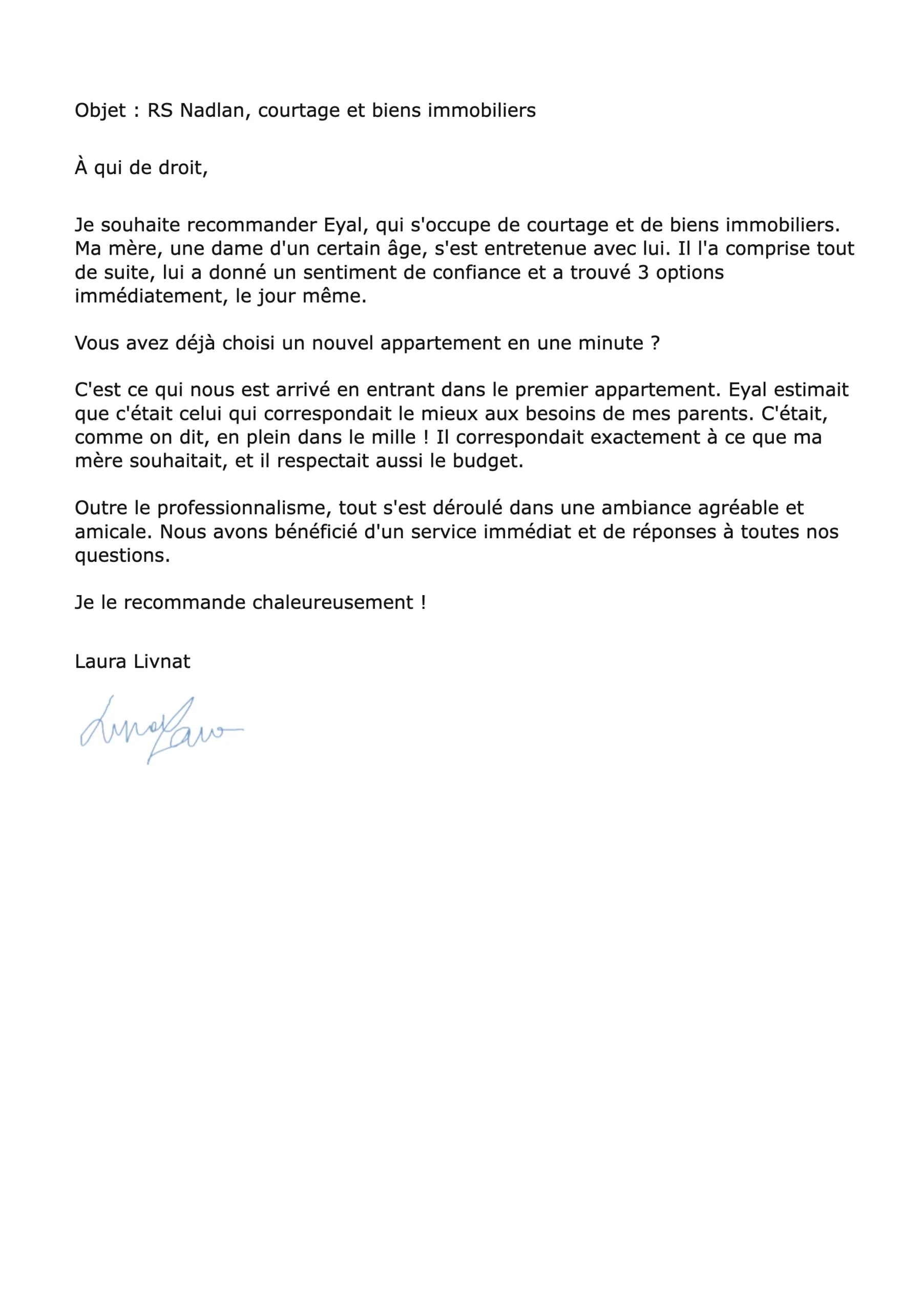 Lettre de recommandation de Laura Livnat pour RS Nadlan