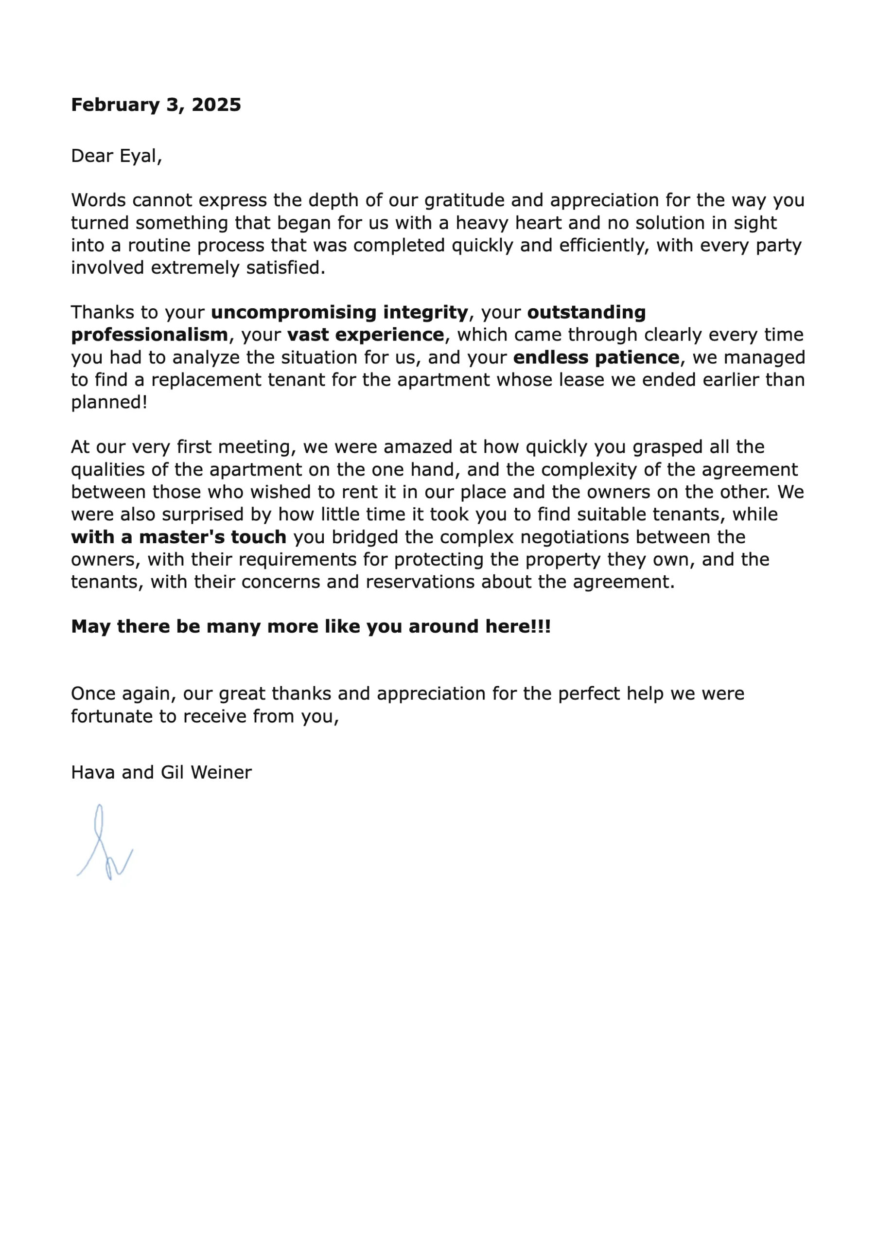 Recommendation letter from Hava and Gil Weiner about RS Nadlan