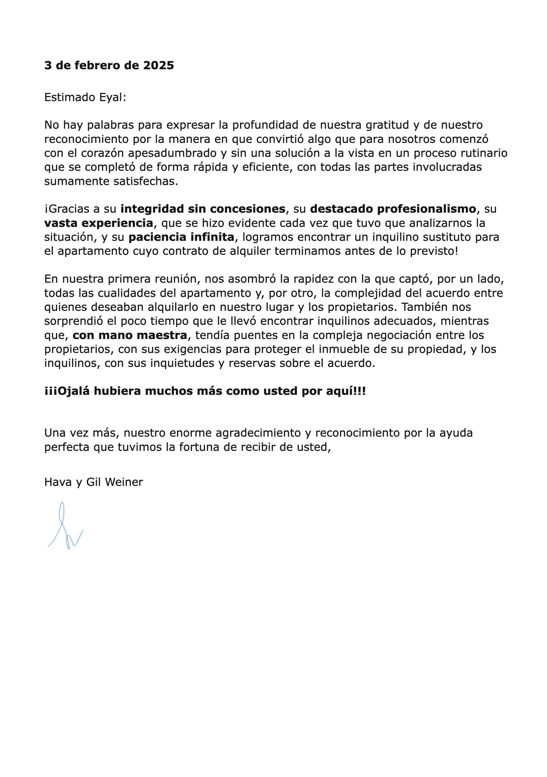 Carta de recomendación de Hava y Gil Weiner para RS Nadlan
