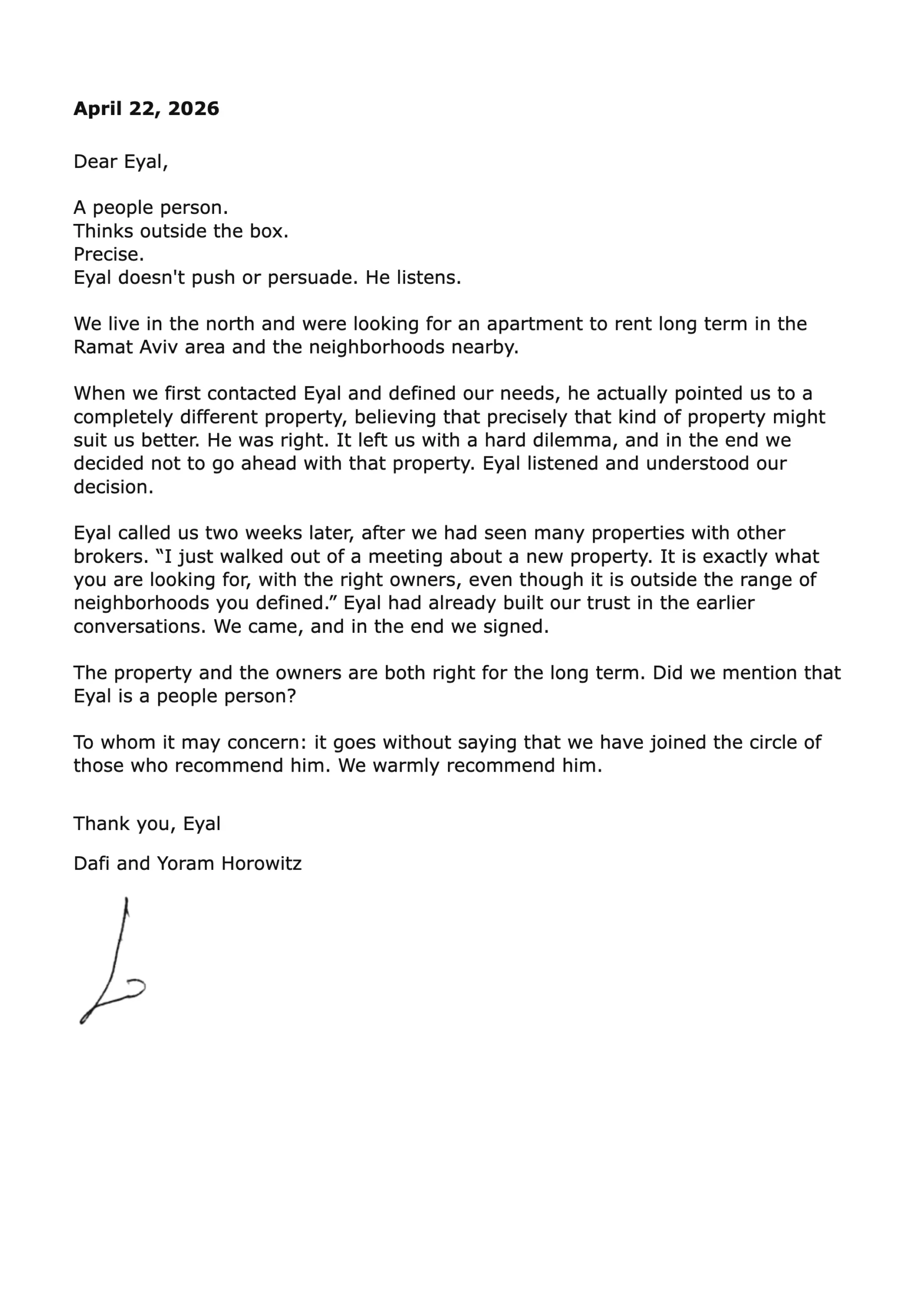 Recommendation letter from Dafi and Yoram Horowitz about RS Nadlan