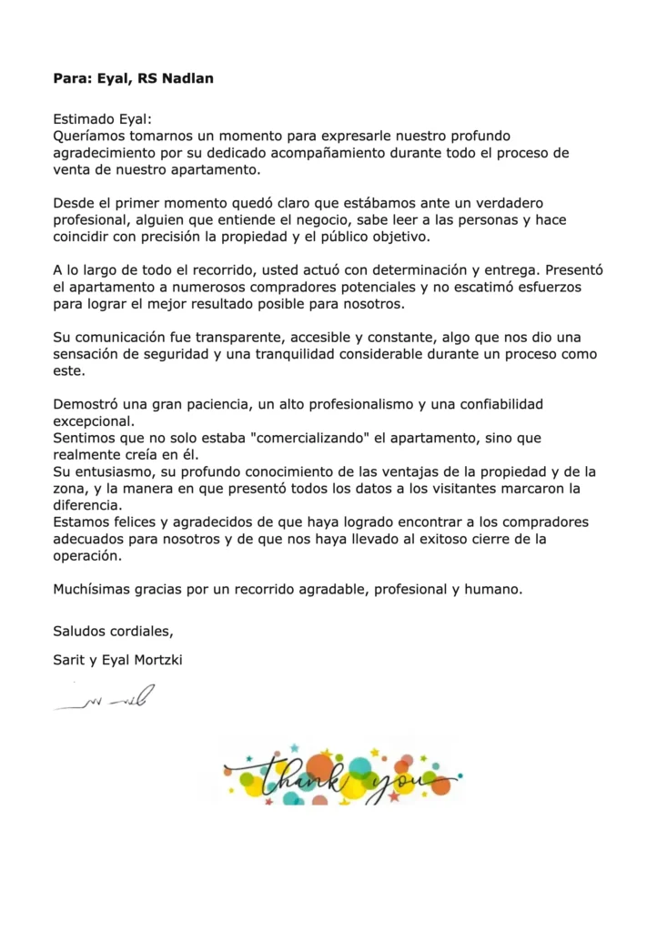 Carta de recomendación de Sarit y Eyal Mortzki para RS Nadlan