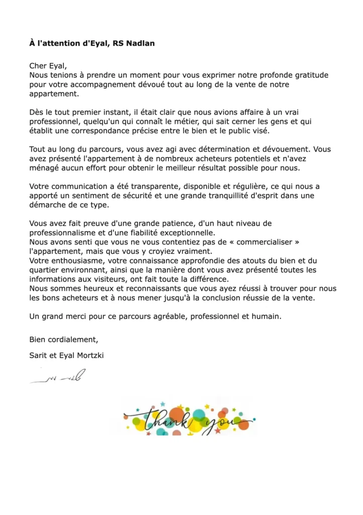 Lettre de recommandation de Sarit et Eyal Mortzki pour RS Nadlan