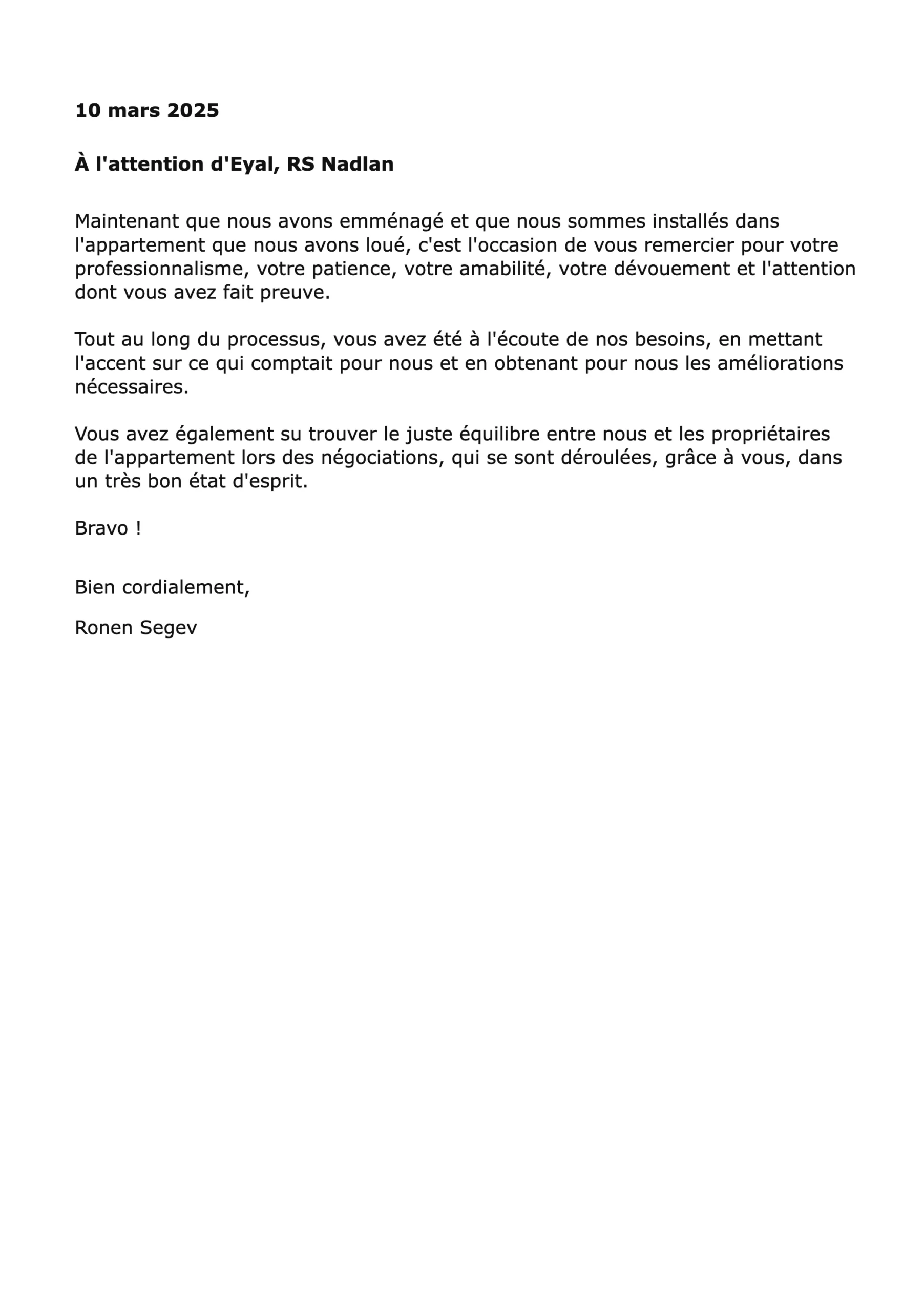Lettre de recommandation de Ronen Segev pour RS Nadlan