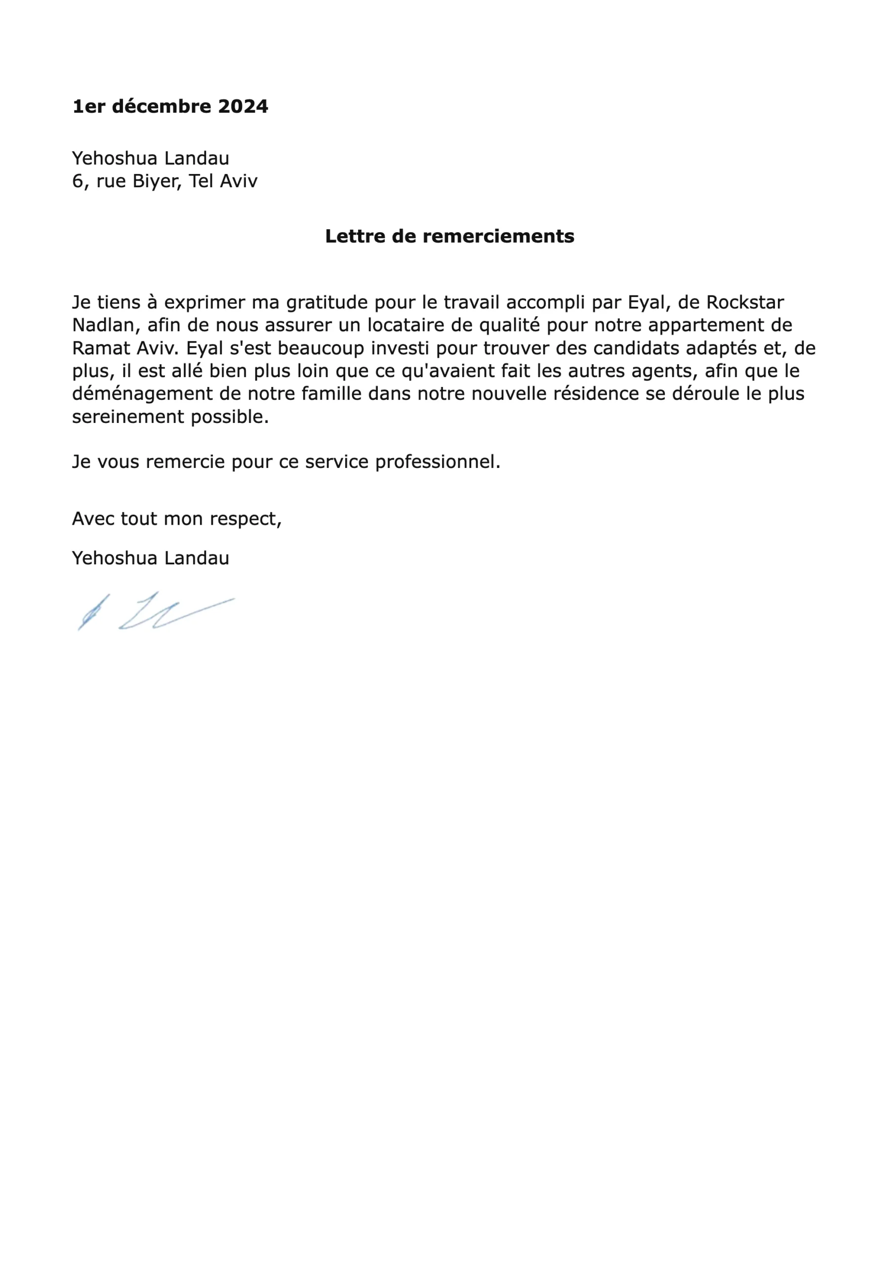 Lettre de recommandation de Yehoshua Landau pour RS Nadlan