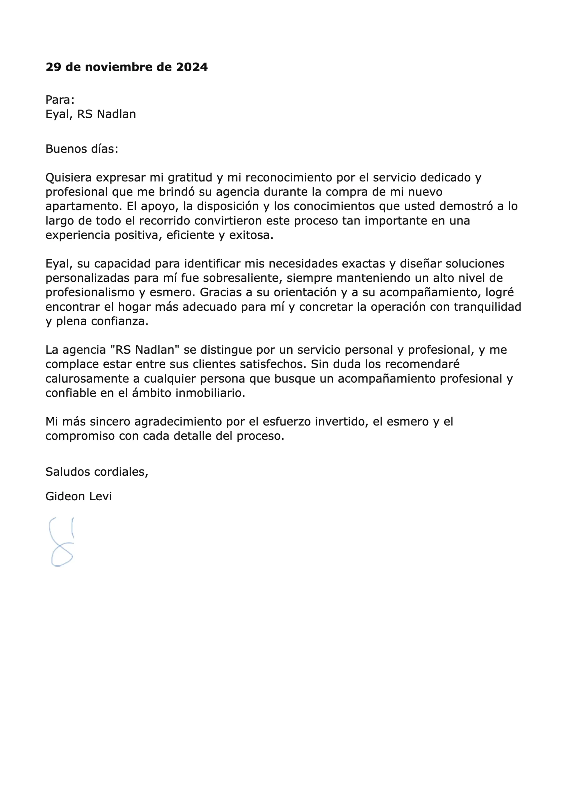 Carta de recomendación de Gideon Levi para RS Nadlan