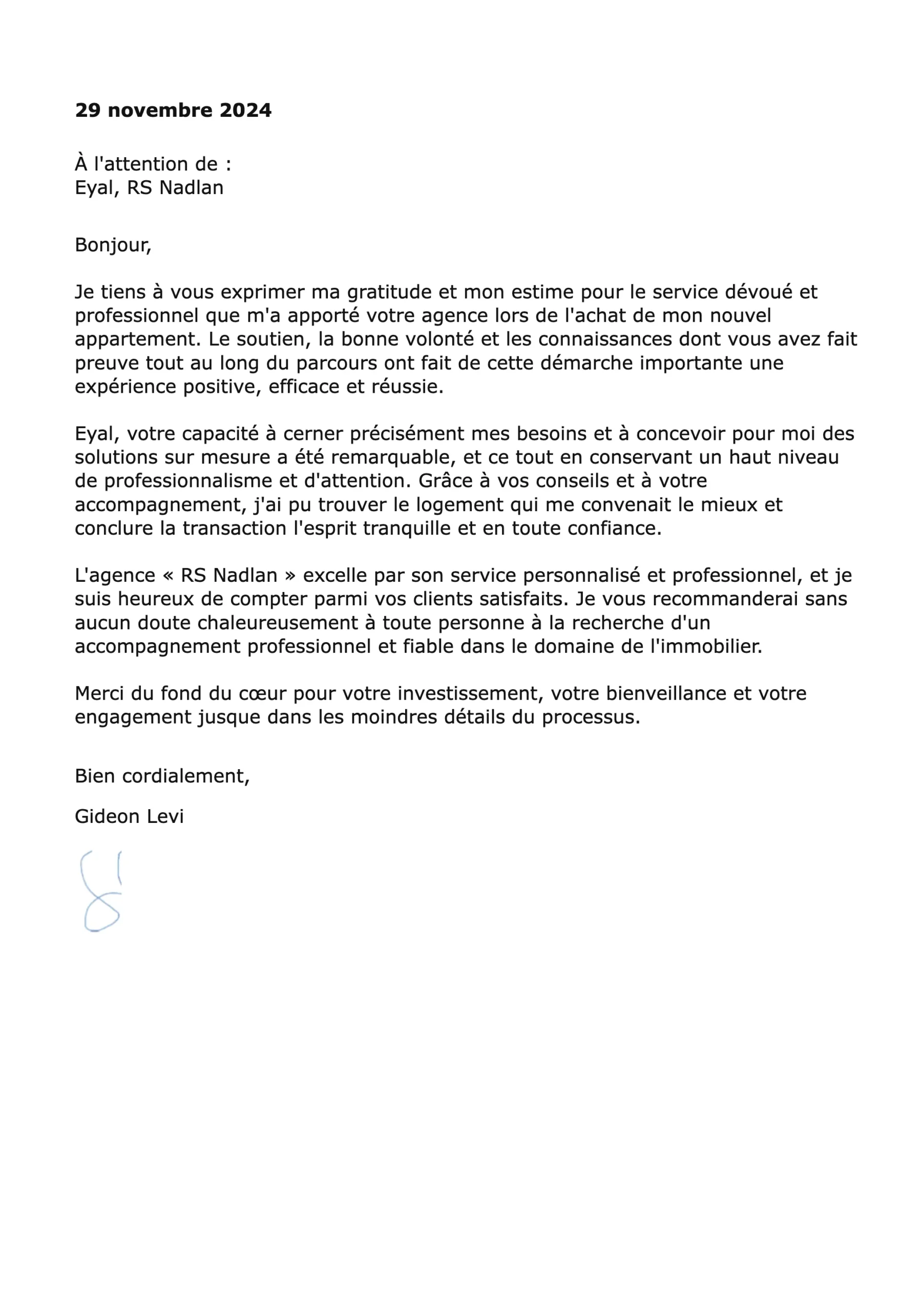 Lettre de recommandation de Gideon Levi pour RS Nadlan