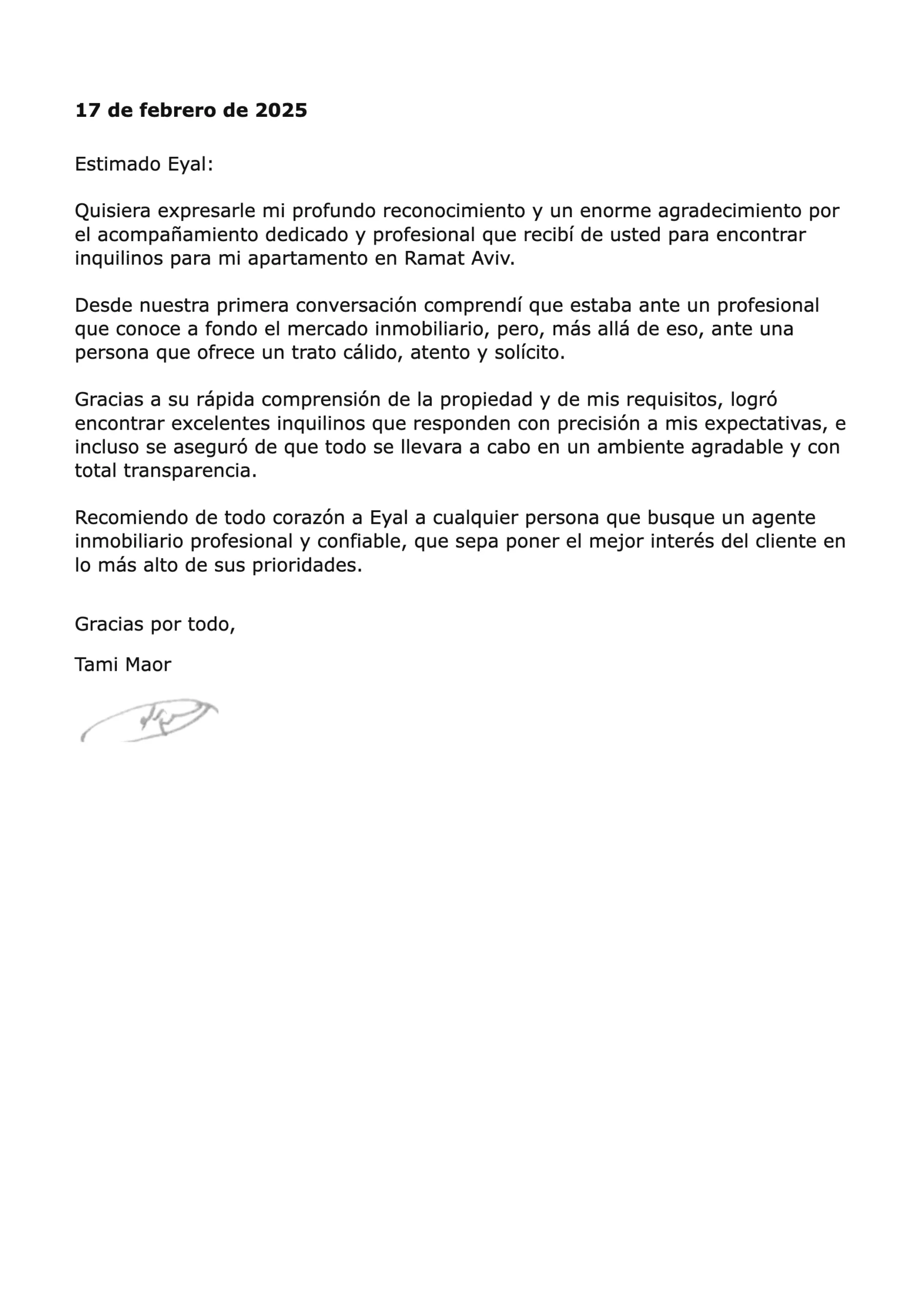 Carta de recomendación de Tami Maor para RS Nadlan