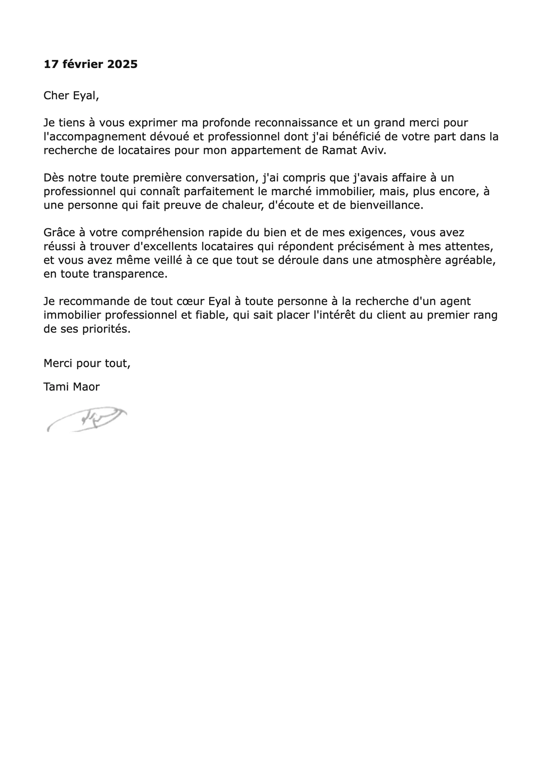 Lettre de recommandation de Tami Maor pour RS Nadlan