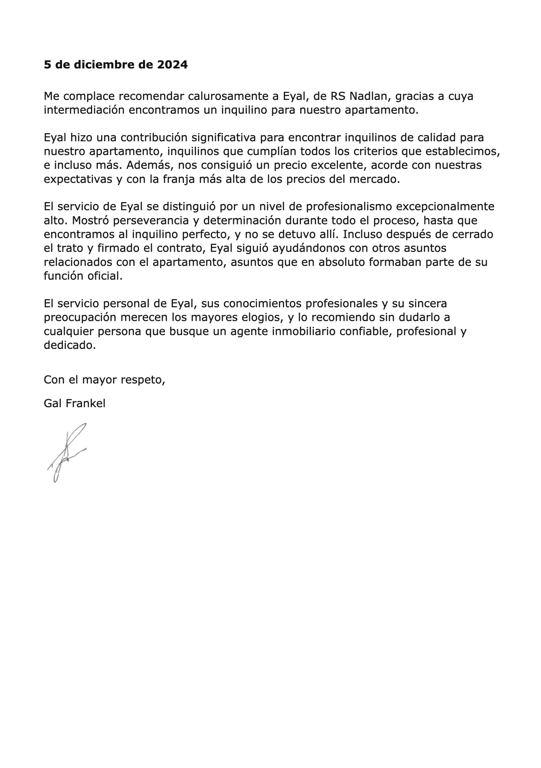 Carta de recomendación de Gal Frankel para RS Nadlan