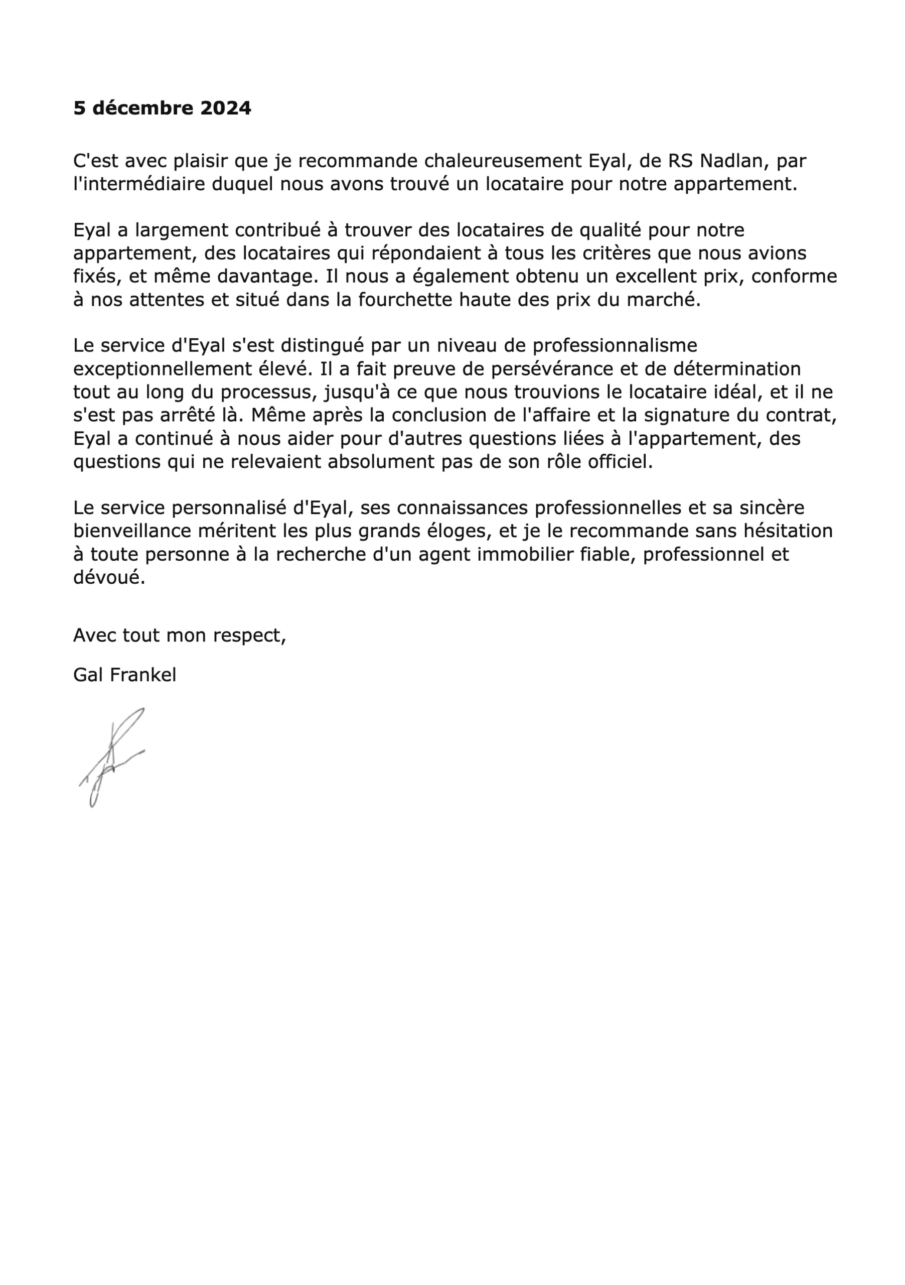 Lettre de recommandation de Gal Frankel pour RS Nadlan