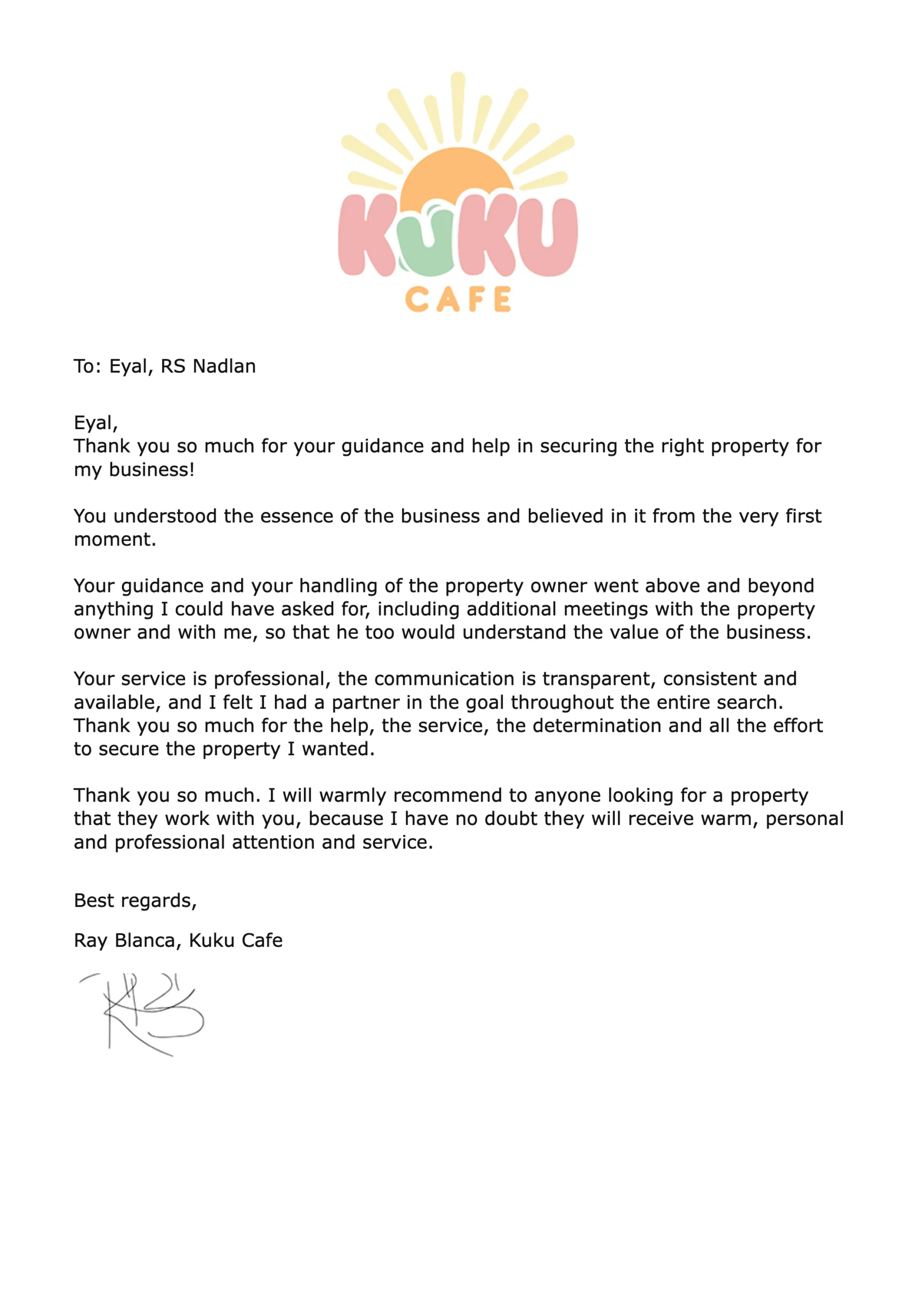 Recommendation letter from Ray Blanca about RS Nadlan