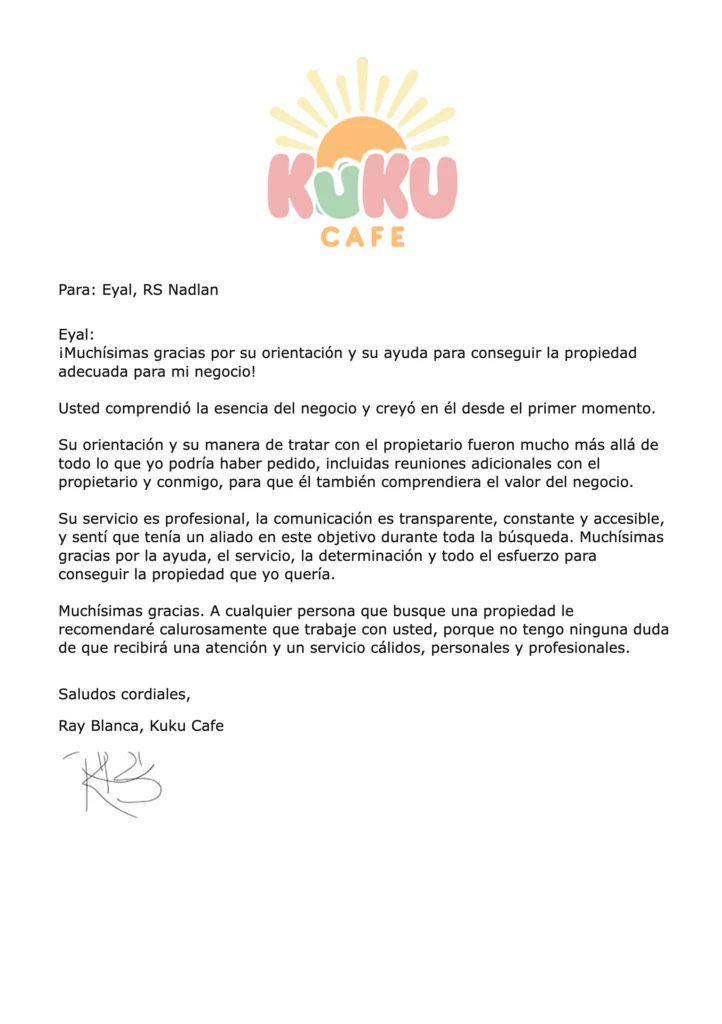 Carta de recomendación de Ray Blanca, Kuku Cafe para RS Nadlan